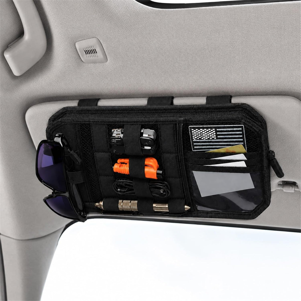 GOOGO Car Sun Visor Organizer, Black Nylon MOLLE Panel with Strap-On Pouch