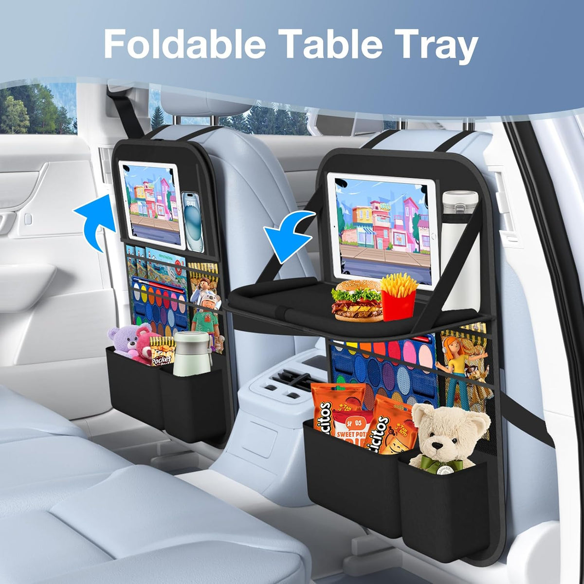 1 Pack Car Backseat Organizer with Tray, Tablet Holder for Kids Trip