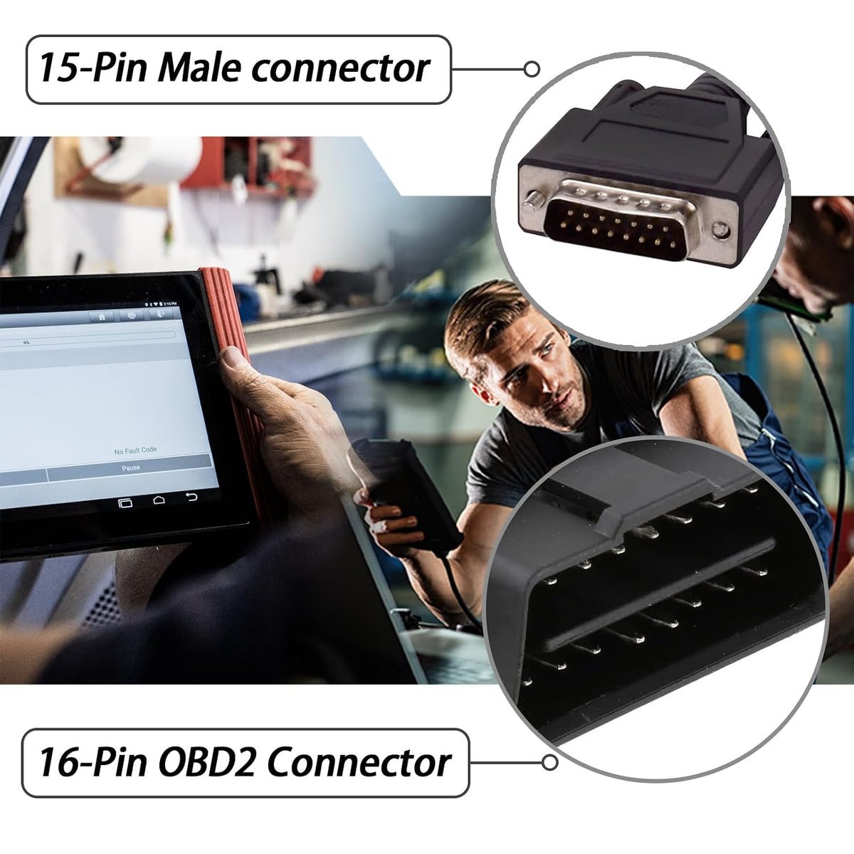 XTPTFABS 16Pin OBD2 Cable,to 15-Pin Male Adapter Cables,4FT/1.2M,Plug&Play