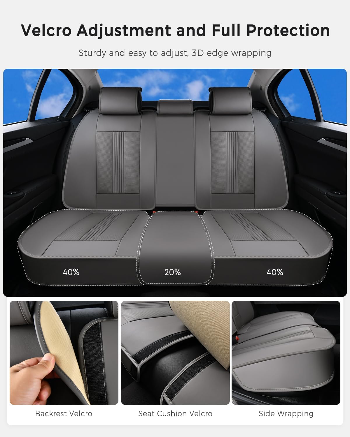 Huidasource Gray Back Seat Covers, Nappa Leather Rear Seat Covers with Ventilation Holes, Velcro Adjustable, Compatible with Seat belts, Child Safety Seats, Universal Fit for Most Cars SUV Trucks Gray