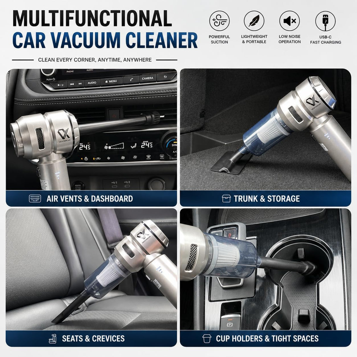 Handheld Car Vacuum Cleaner Cordless Powerful 25000Pa Suction, 3-Speed Brushless Motor Mini Portable Rechargeable Lightweight Hand Held Vacuum & Blower for Vehicle Office Home Pet Hair
