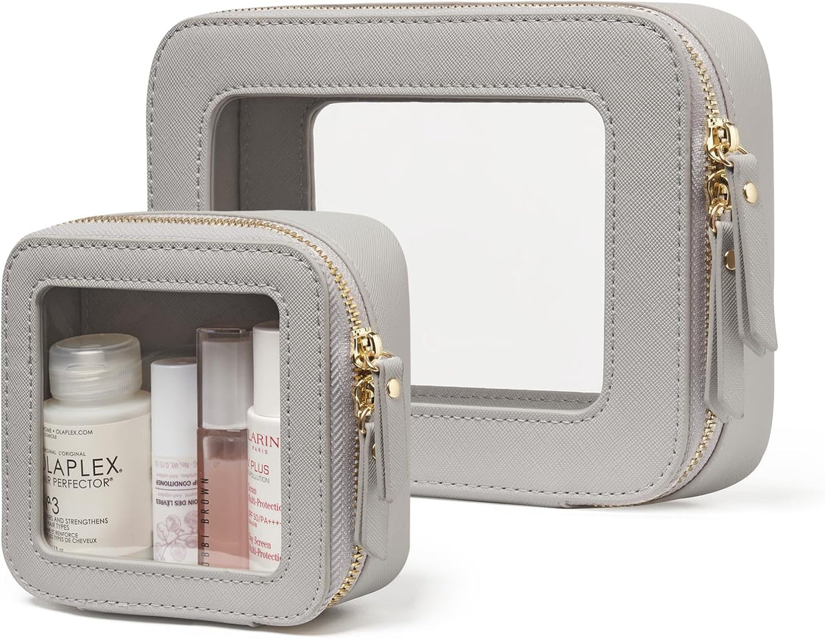 Popvibe Clear Makeup Case Toiletry Bag Travel Medium Clear Cosmetic Bag with Zipper, Make Up Bag Organizer Traveling TSA Approved Transparent Bag Car for Essentials, Mini & Medium, Beige Grey