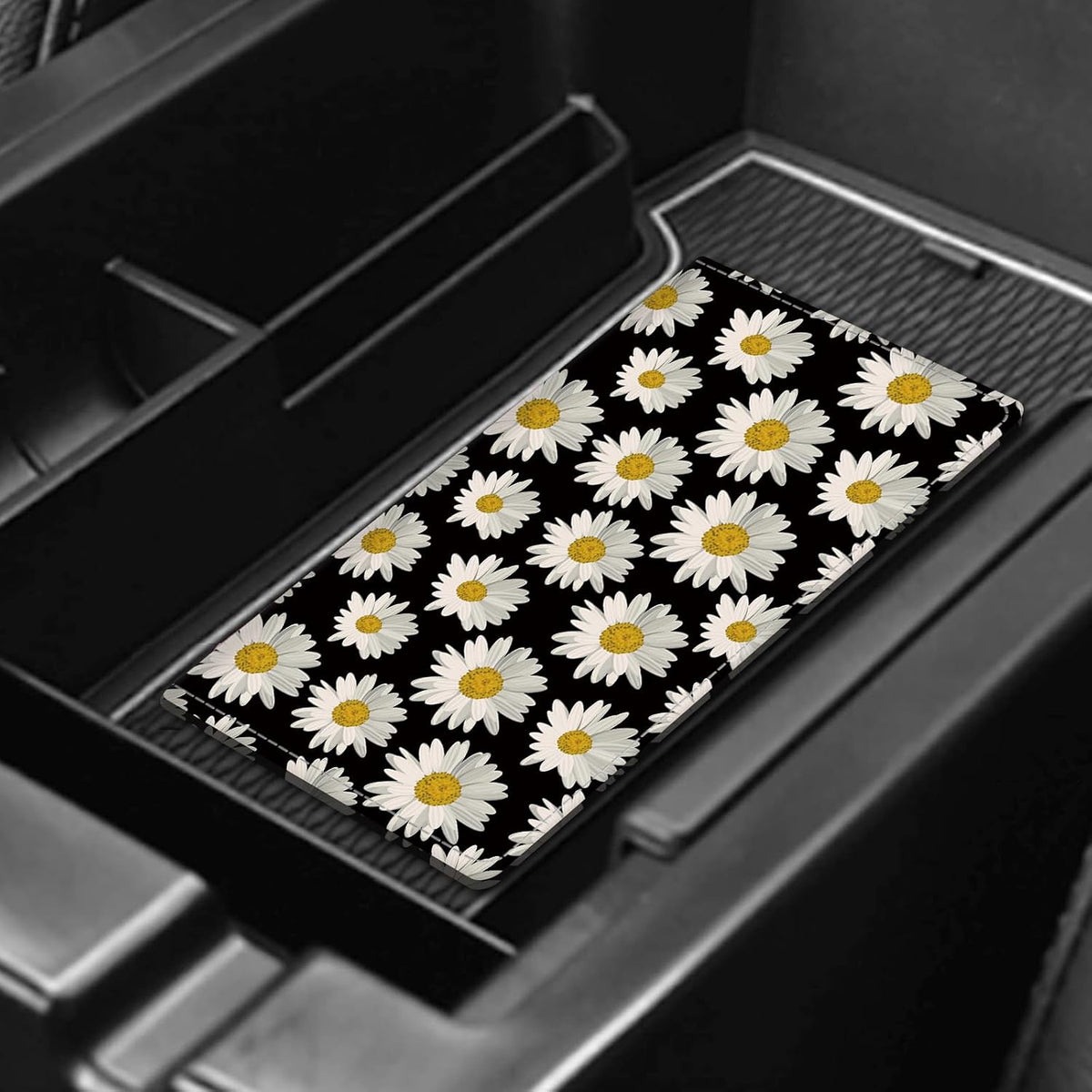 Leather Car Registration and Insurance Card Holder, Cute Car Accessories Vehicle Glove Box Car Organizer for Documents, Cards, License Cute Black Daisy Flower