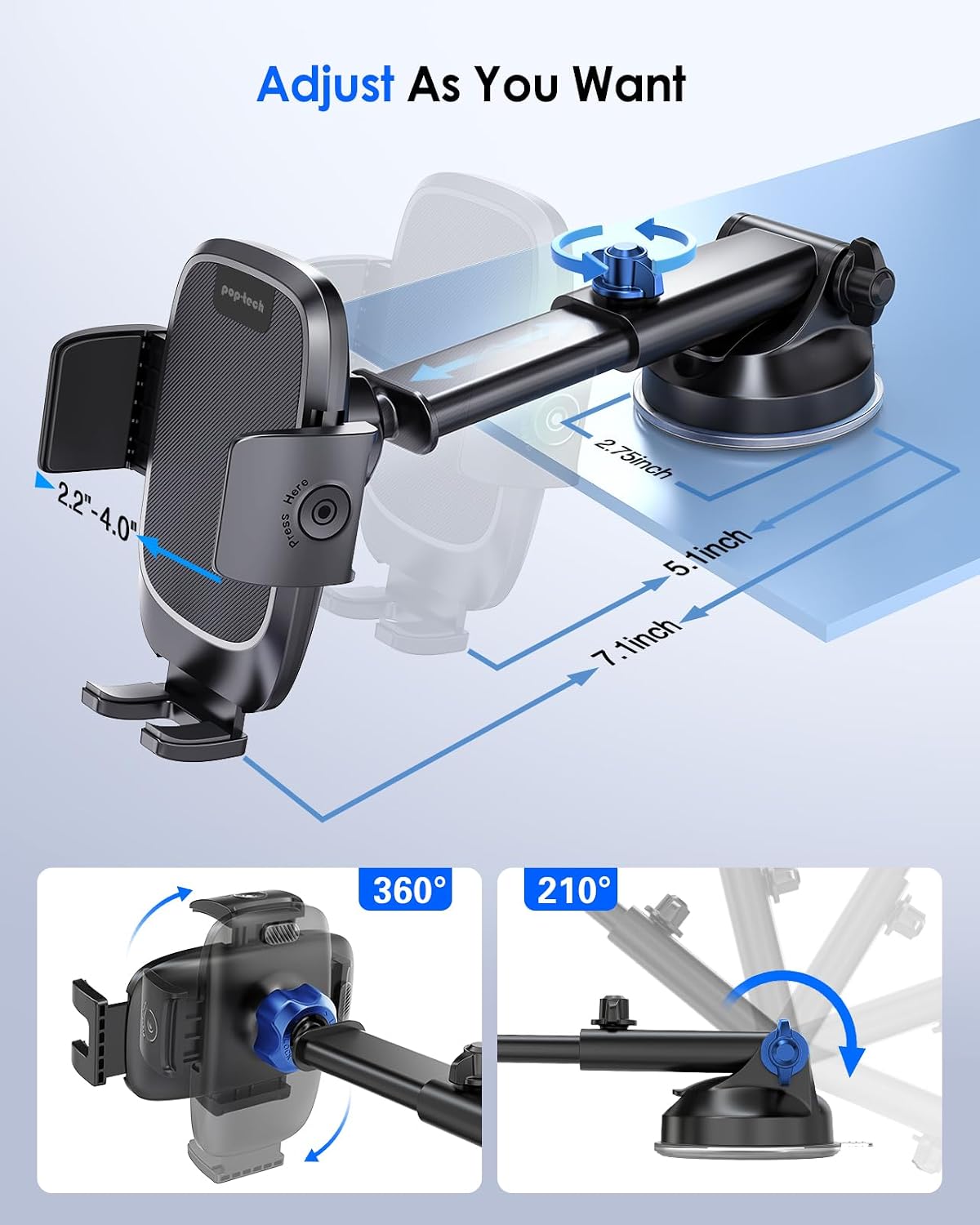 pop-tech Phone Mount for Car, [Military-Grade Suction] Universal Cell Phone Holder for Your Car Dashboard Windshield Window, Automobile Cradle Fit for iPhone Samsung All Smartphones with Thick Case