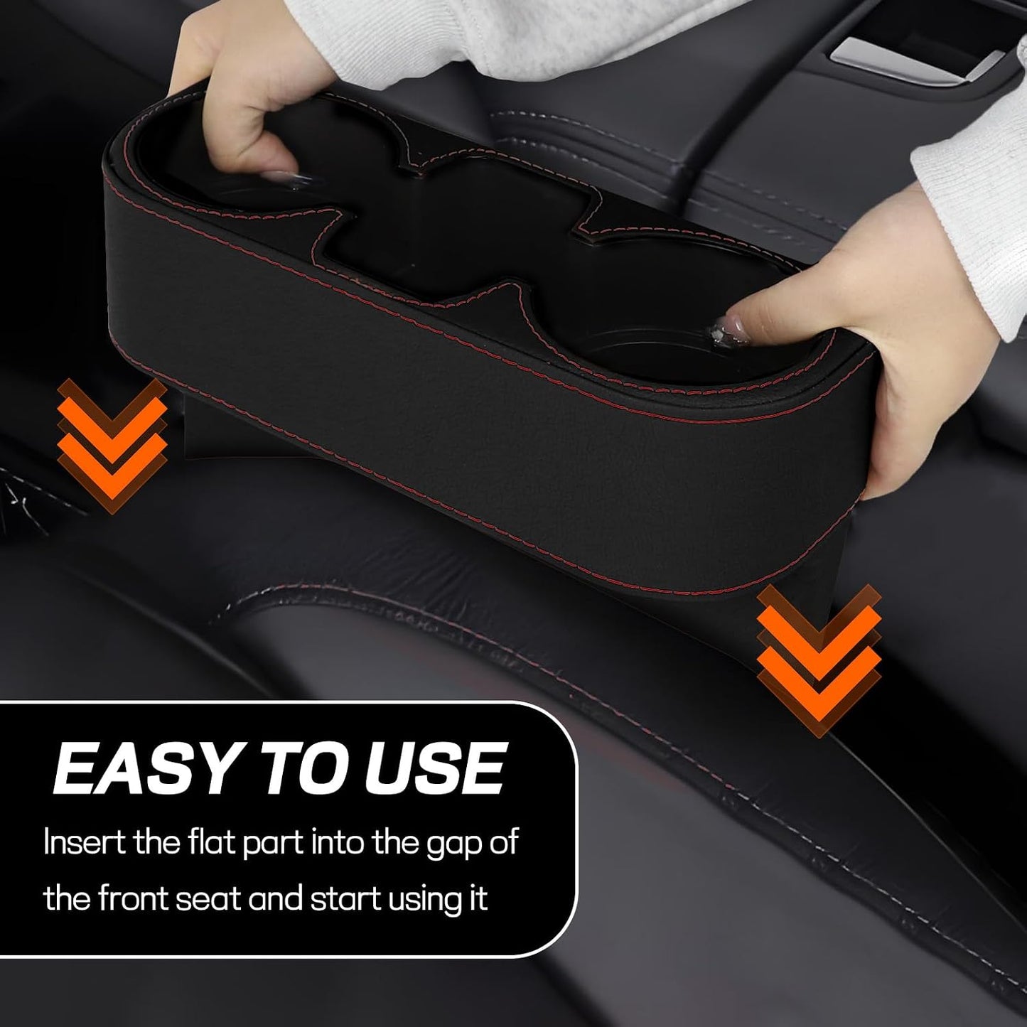 Car Cup Holder, Multifunctional Auto Drink Holder Gap Filler Storage Box, Leather Car Seat Organizer with Cup Holder, Universal Vehicle Front Seat Organizer for Bottle Phone (Black)