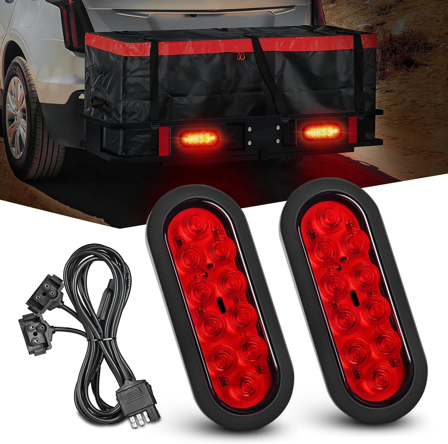 Nilight Hitch Cargo Carrier Light Kit 2PCS 6Inch Red Oval LED with Flush Mount Grommets Wire Harness Waterproof Stop Turn Signals Tail Lights for Luggage Bike Rack