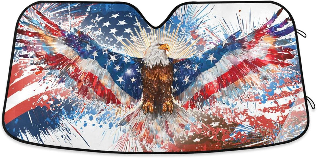 Foldable Car Windshield Sun Shade American Flag Fireworks Accordion Folding UV Block Cooling Sunshade Visor Front Window Keeps Vehicle Cool 55 x 27.6