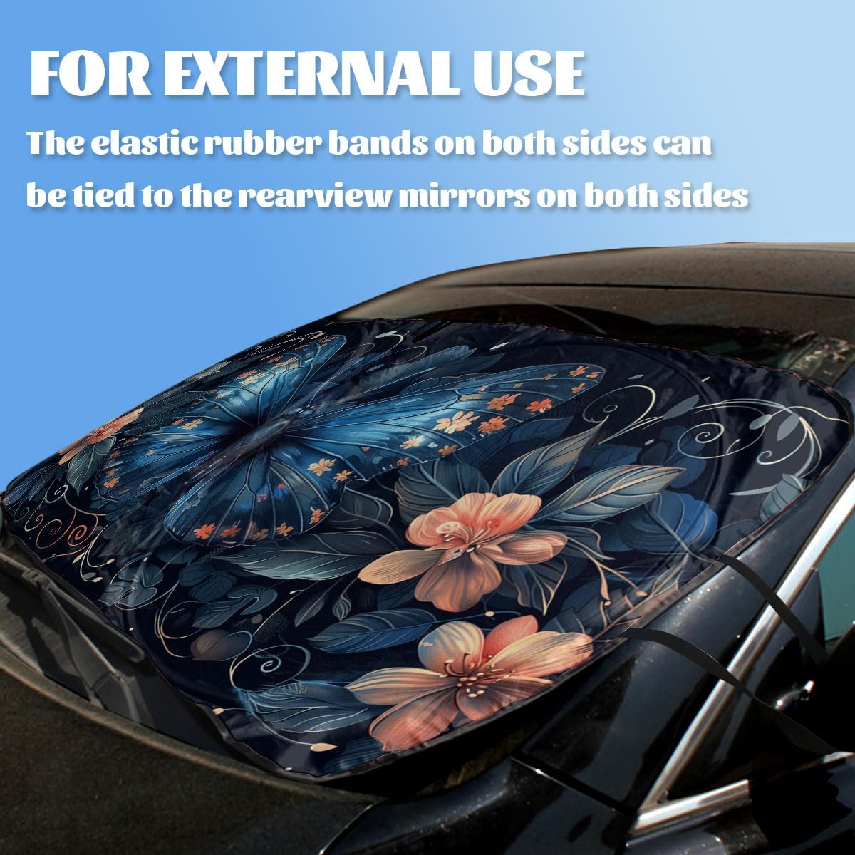 Blue Butterfly Car Windshield Sunshade Folding Retro Flowers Leaves Heatshield Front Window Car Sun Shade Windshield Block UV Rays Sun Shade Visor Protector for Car Sedan Truck SUV Accessories