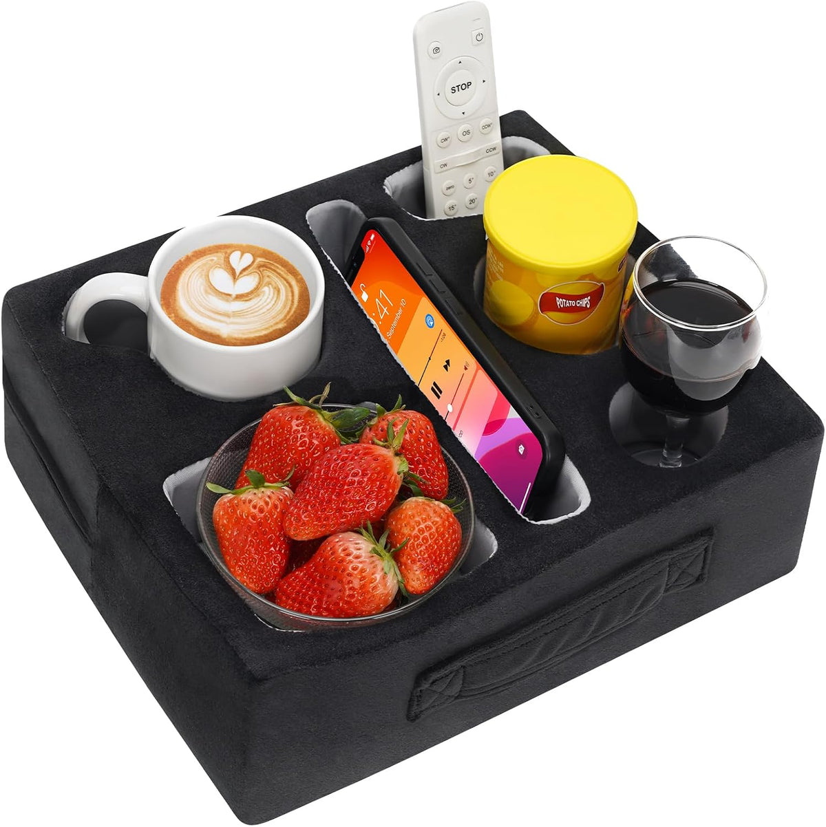 G GOOD GAIN Couch Cup Holder Pillow-Sofa Cup Holder Cozy Buddy | Bed Drink Caddy Holds Tablet, Remote, Snacks | Waterproof Anti-Spill Sofa Beverage Tray for Car, Park, Beach, Picnic, Boat, RV(Black)
