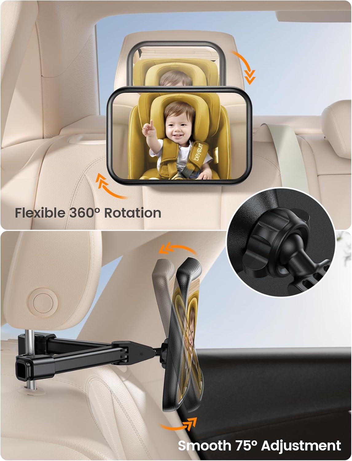 Lamicall Baby Car Mirror for Backseat - Never Shake Clip Hook, Safest Acrylic Rear Facing Car Seat Mirror, 3S Access, 360° Rotation & Wide Clear View, Newborn Baby Accessories Gifts