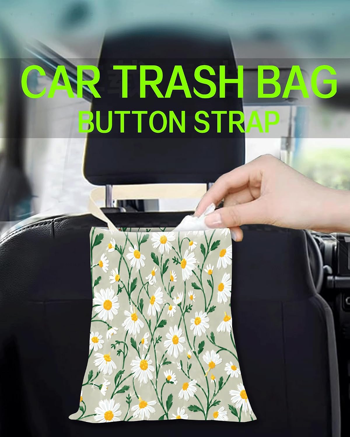 Car Trash Can, Durable Hanging Car Trash Garbage Bag, Cute Automotive Garbage Cans Organizer, Cute White Daisy Flower
