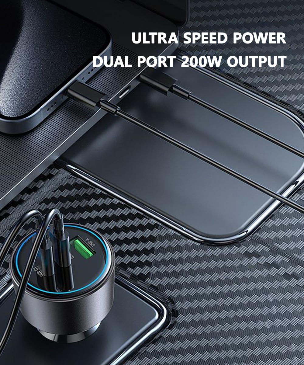 200W USB C Car Charger, 2 Port 100W Type-C Charger with 2 100W USB C Cable