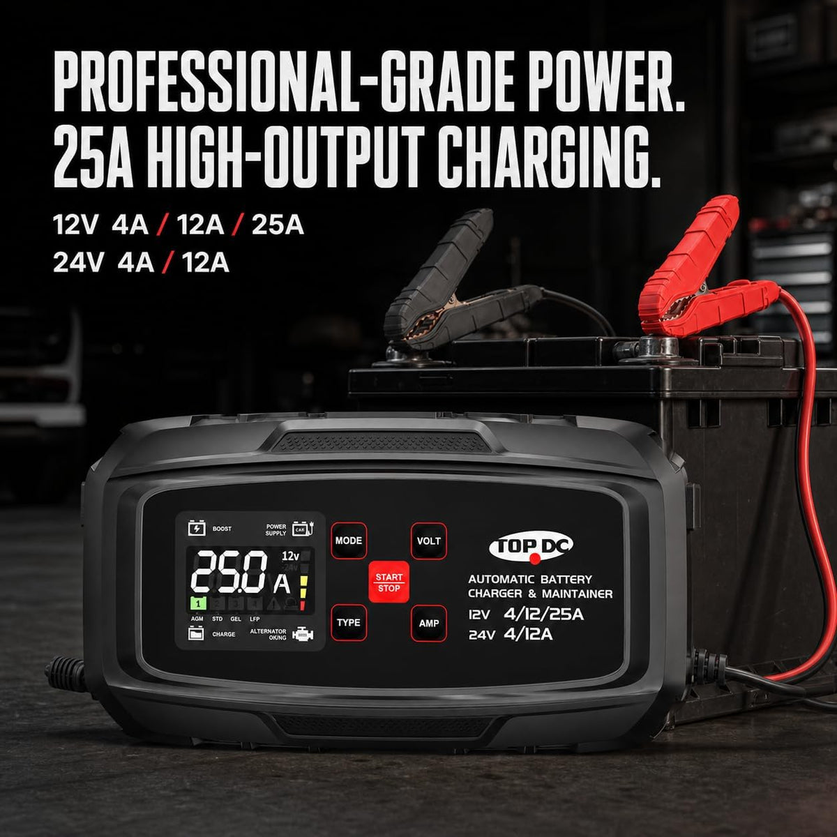 TOPDC 25A 12V/24V Smart Battery Charger & Maintainer for Lead-Acid/LFP
