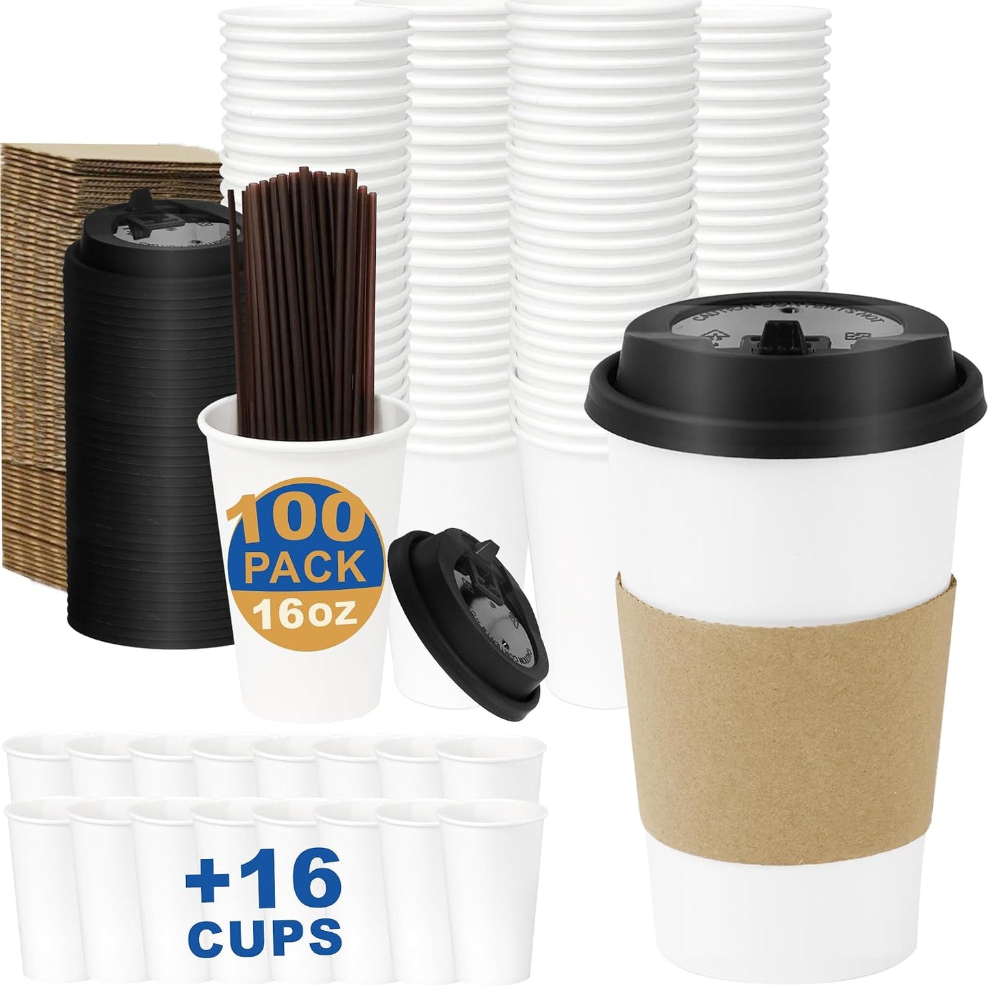16 oz Coffee Cups + 16 Extra Cups Bulk Disposable To-Go Paper Cups with Lids and Sleeves for Hot Beverage, Chocolate, Cocoa, Office Supplies, Coffee Bar Accessories (100 Pack + 16 Extra Cups, White)