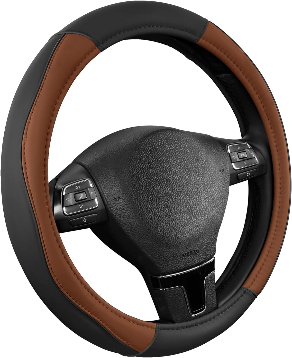 Road Comforts Leather Steering Wheel Cover with Decorative Trim and Piping, Anti-Slip Breathable Design, Fits 14.5–15 Inch Round Steering Wheels, Snug Fit, Stylish Interior Upgrade - Red