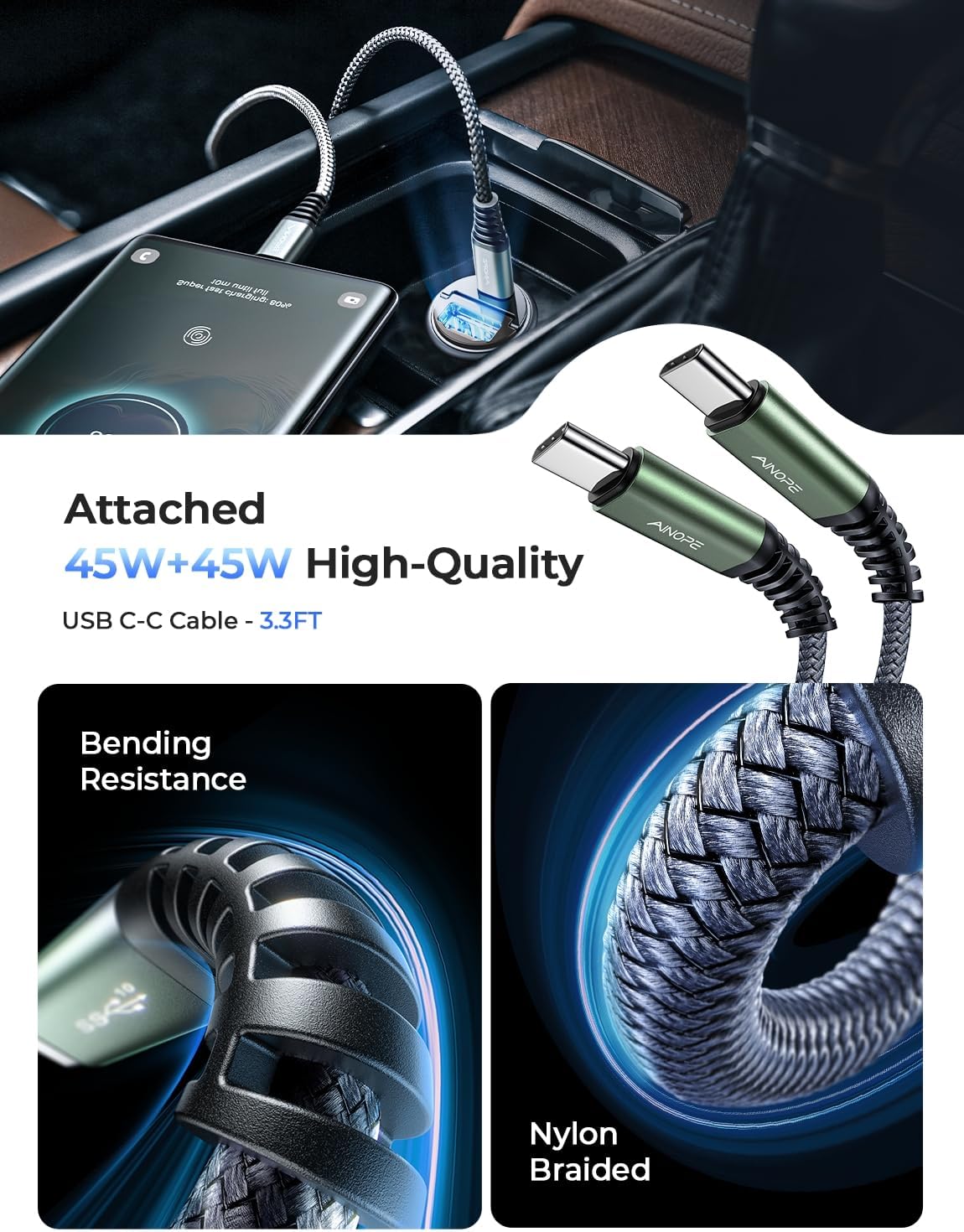 AINOPE 90W Car Charger, Cigarette Lighter Adapter, for iPhone 18 Pro Duo