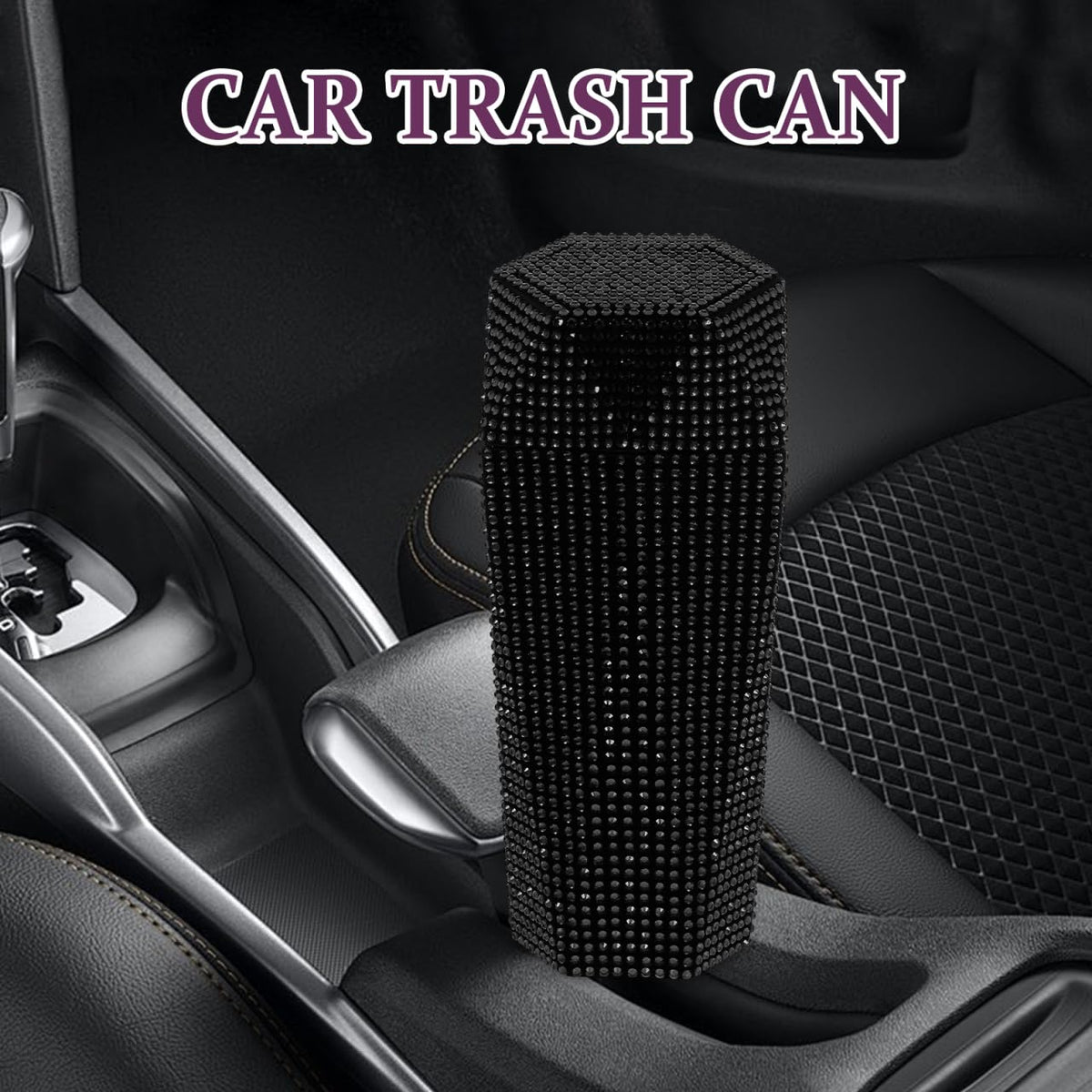 iplusmile Bling Car Trash Can with Lid – 3.2 in Black Rhinestone Sparkle, Leak-Proof Cup Holder Bin, Odor-Seal Mini Garbage Container for Women, Girls, Car Interior & Vanity Desk