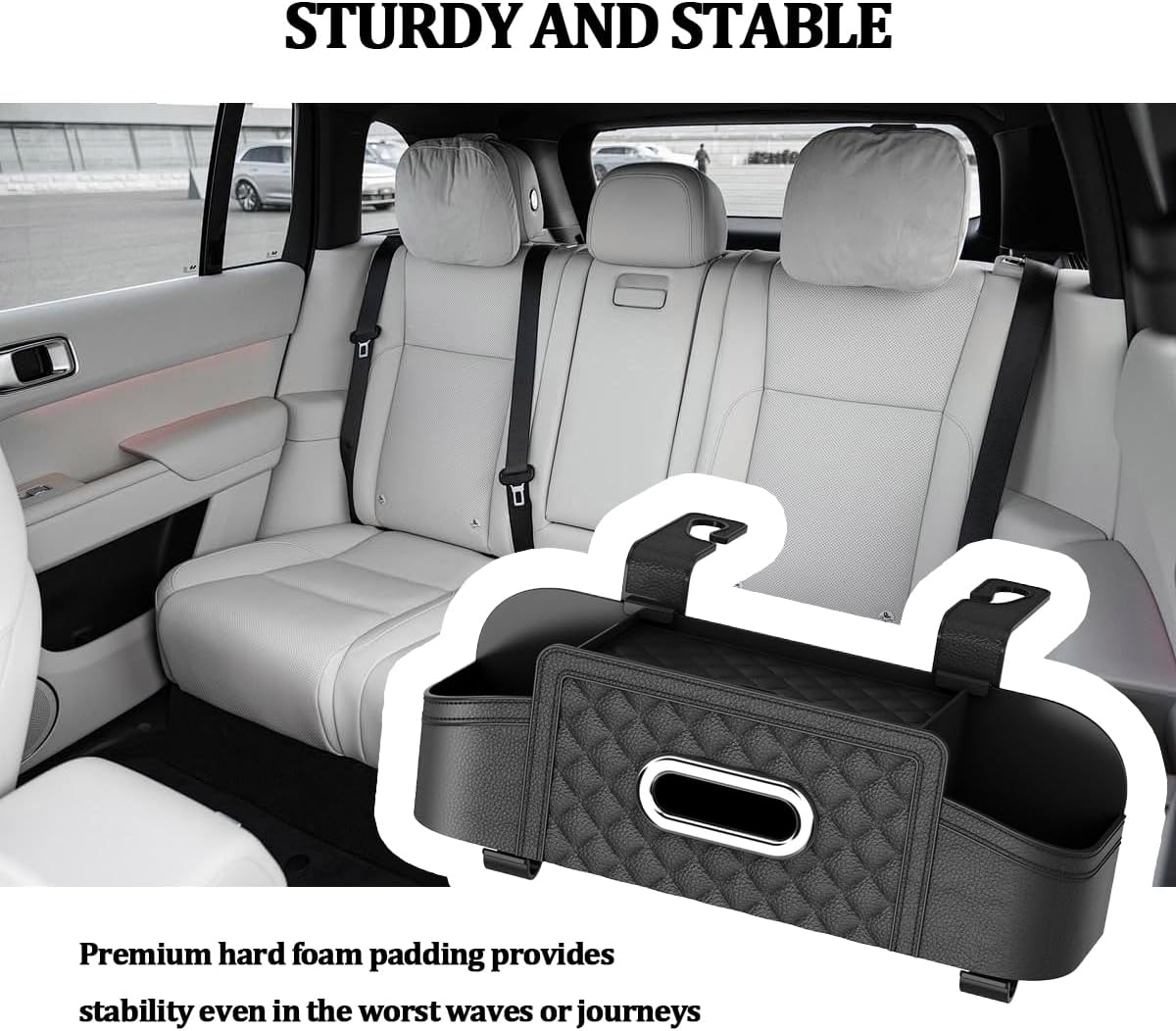 Car Seat Back Organizer, Multifunctional Vehicle Headrest Storage Box with Hooks and Phone Holder, Automotive Backseat Tissue Cup Holder Accessories, Universal for SUV Sedan Truck (Black)