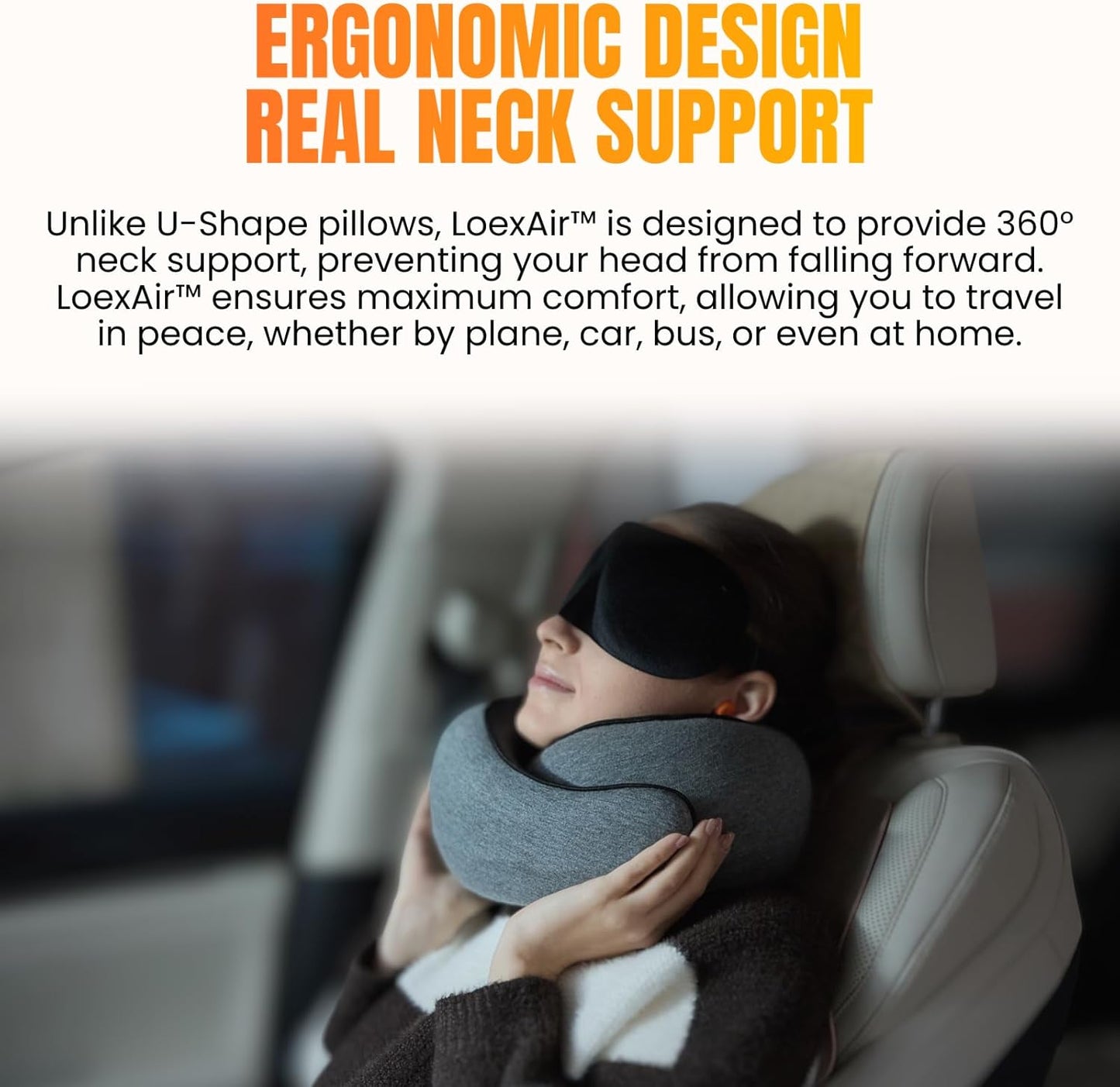 LOEXAIR™ Travel Pillow, Neck Pillow Travel for Airplane, Car - 100% Cotton Fabric & Memory Foam Plane Pillow, Lightweight & Easy-to-Carry on Flight, Full Travel Set (Eye Mask, Earplugs) - Light Grey