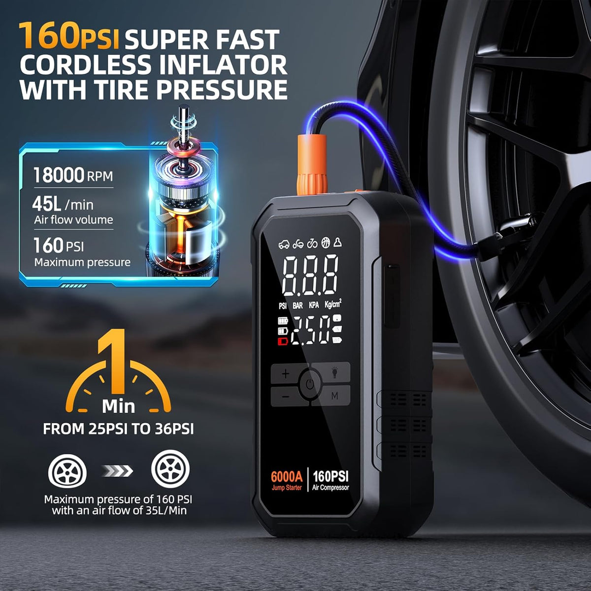 6000A 10-in-1 Car Battery Jump Starter with Air Compressor 160PSI