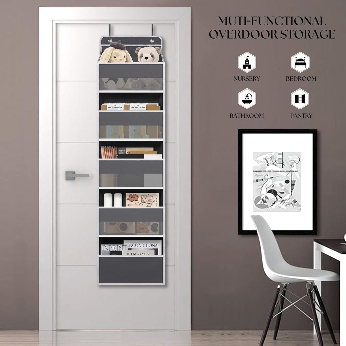 TYMENSH Gray Over Door Organizer with 5 Large Clear Pockets and 6 Side Mesh Pockets, Anti-Tilt Hanging Door Storage for Closet, Bathroom, Bedroom, Dorm, Nursery, Toys