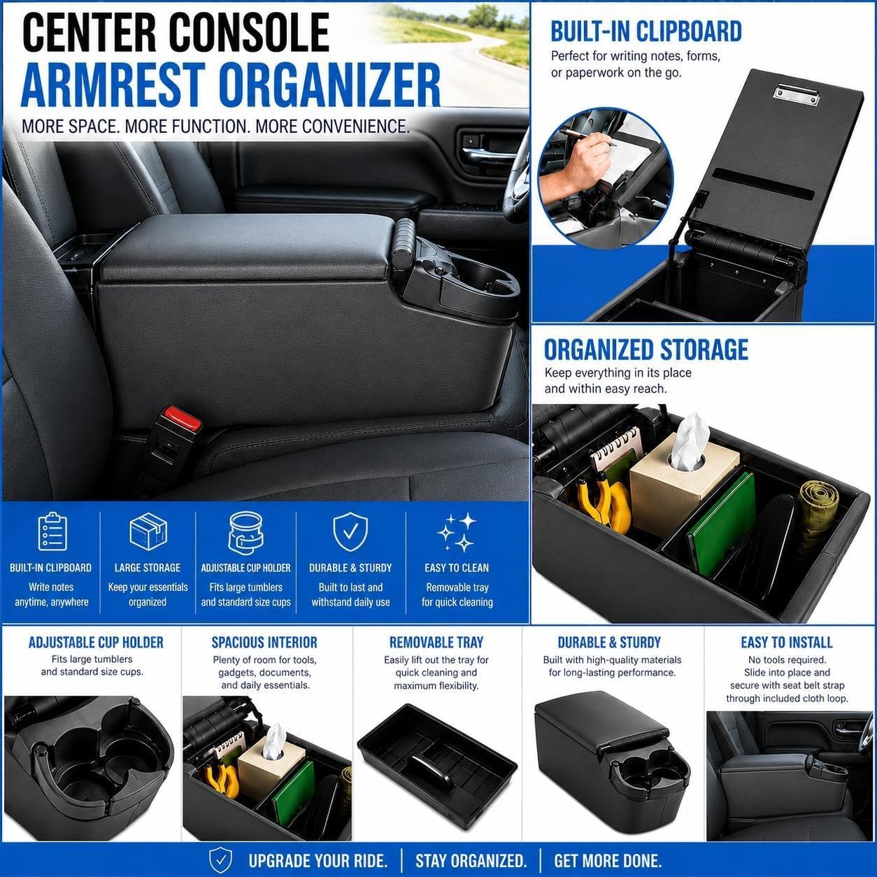NVS Universal Truck Console Contractor Bench Seat Organizer with Adjustable Cup Holders, Clipboard Storage & Padded Armrest Lid - Dark Gray