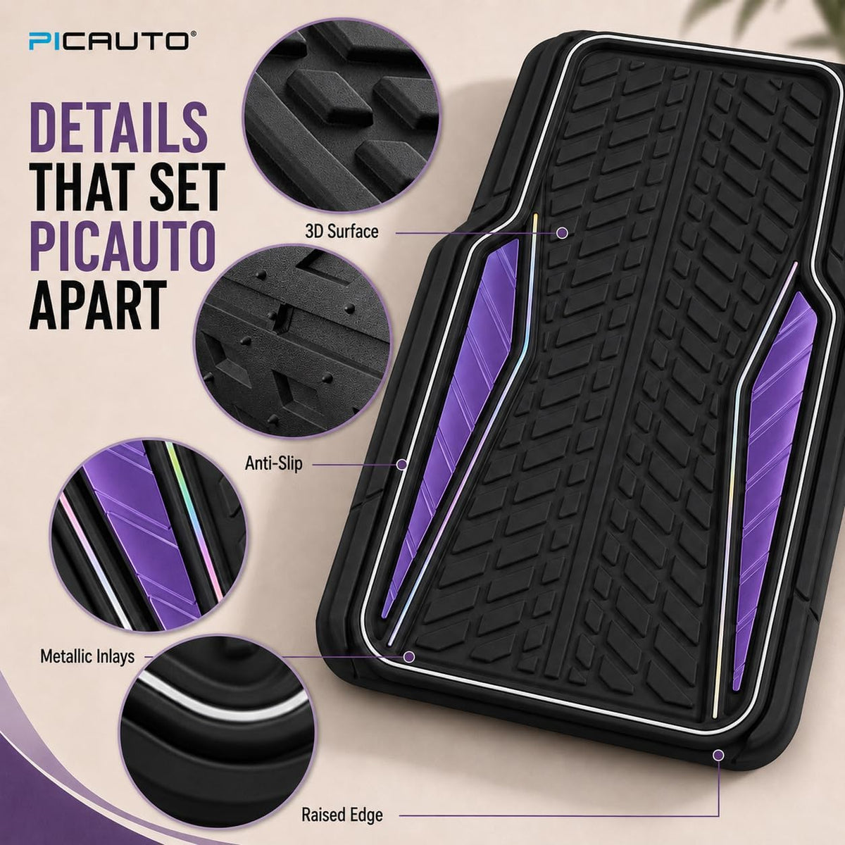PIC AUTO Car Floor Mats, Purple Aluminum-Molded with Full-Circle Iridescent Inlay Strip Car Mats, Universal-Fit Rubber Mats for Cars, Trucks & SUVs, All-Weather, Non-Slip, Easy-to-Clean Interior Mats