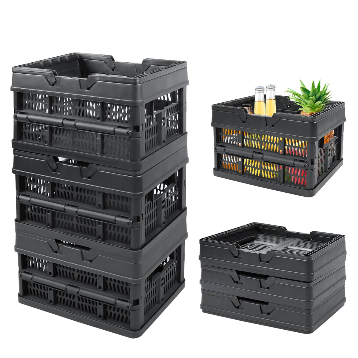 EasyFold Collapsible Crate, Collapsible Shopping Basket, Milk Crate, 3 Pack (9L (2.4 Gal), Grey)