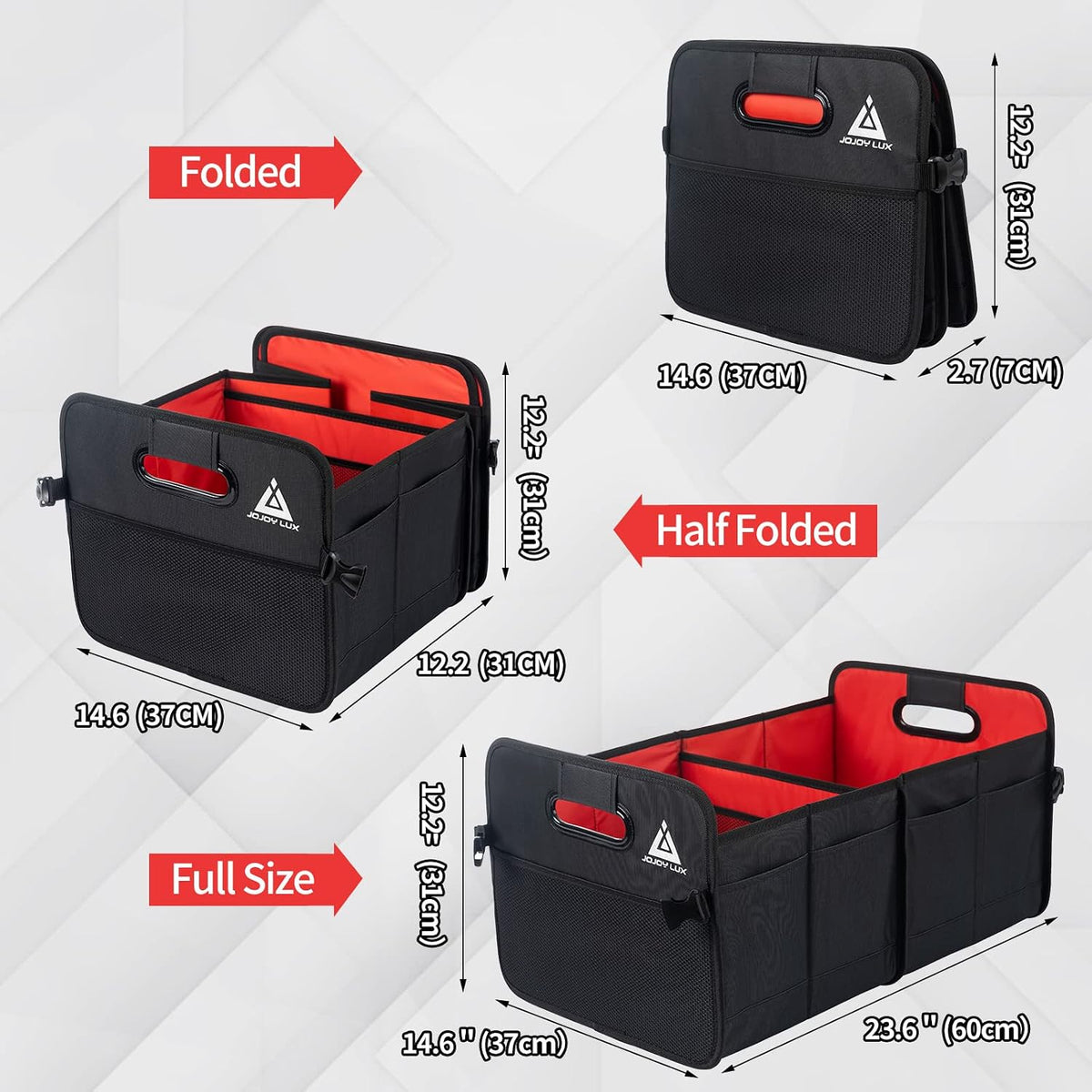 JOJOY LUX Car Trunk Organizer with Multi Compartments - Automotive Collapsible Cargo Containers with 11 Pockets &amp; Reinforced Handles, Vehicle Grocery Organizer Bin Caddy Bag for SUV Van Truck