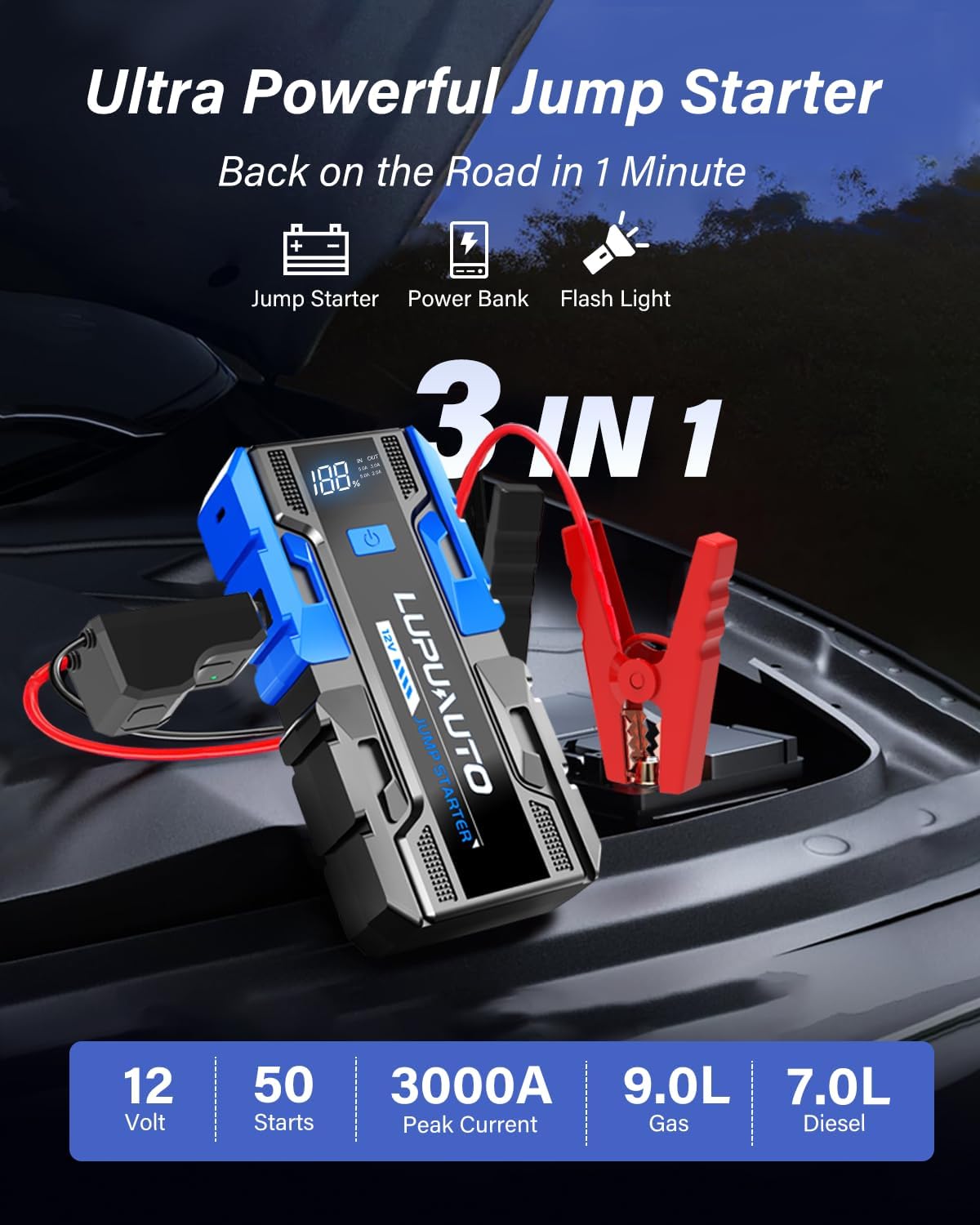 3000A Jump Starter 12V Battery Charger Jump Pack for 9L Gas & 7L Diese