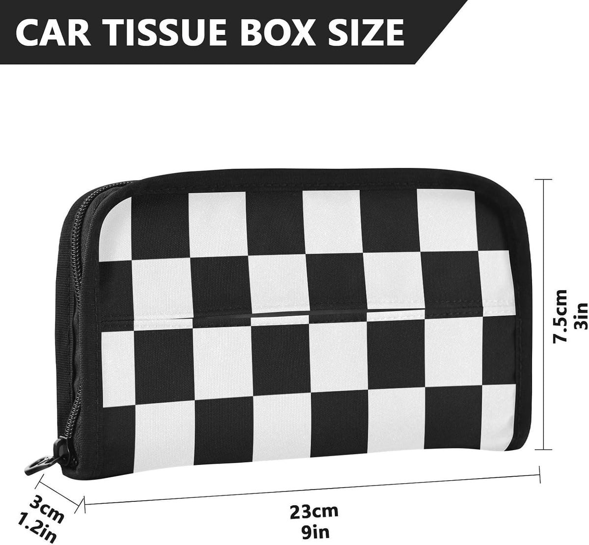 Car Tissue Holder Napkin Box Dispenser Storage Case Sun Visor Mask Holder With Adjustable Straps Reusable Refillable Checkered Black and White