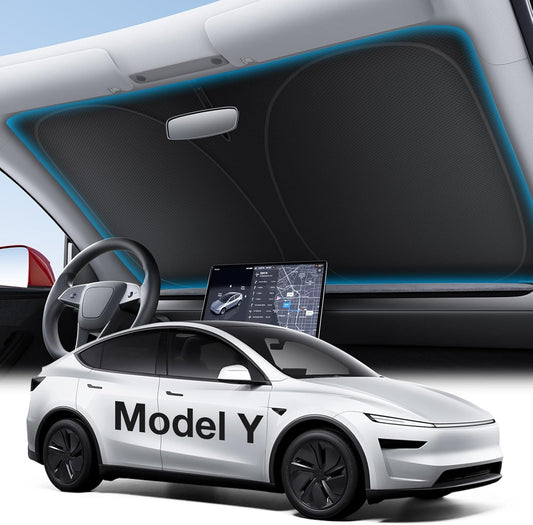 Wigoo Tesla New Model Y Accessories Windshield Sunshade [OEM Design, 100% Sun Blockage] Foldable Heat Insulation Sunshade with Storage Bag, for Model Y 2020~2026 (Juniper), Silver Coating