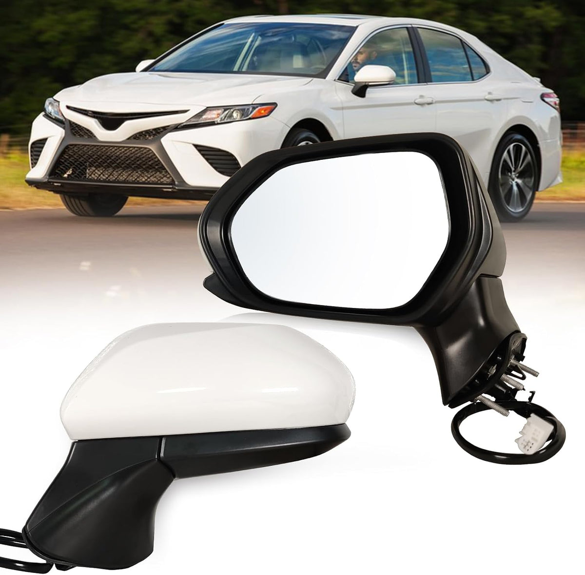 Right Passenger side Mirror Fits 2018-2024 Toyota Camry with Power Glass without Heated without turn signals without Blind Spot Match Super White Replace 8791006800(3Pins)