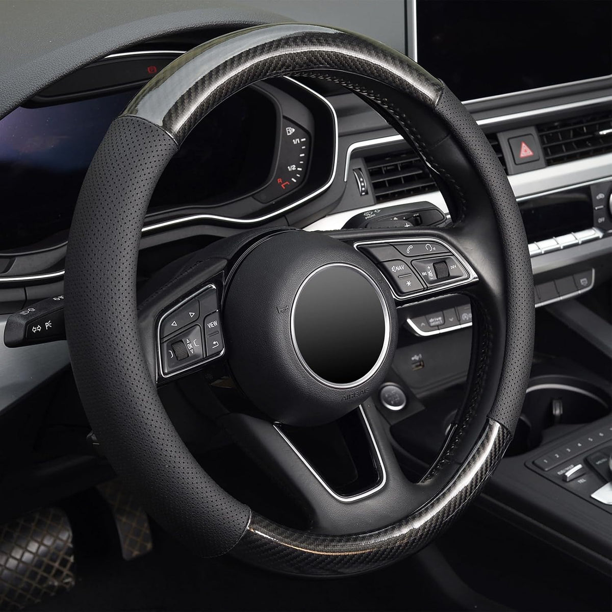 KAFEEK Classic Carbon Fiber Steering Wheel Cover, 15 inch, Black
