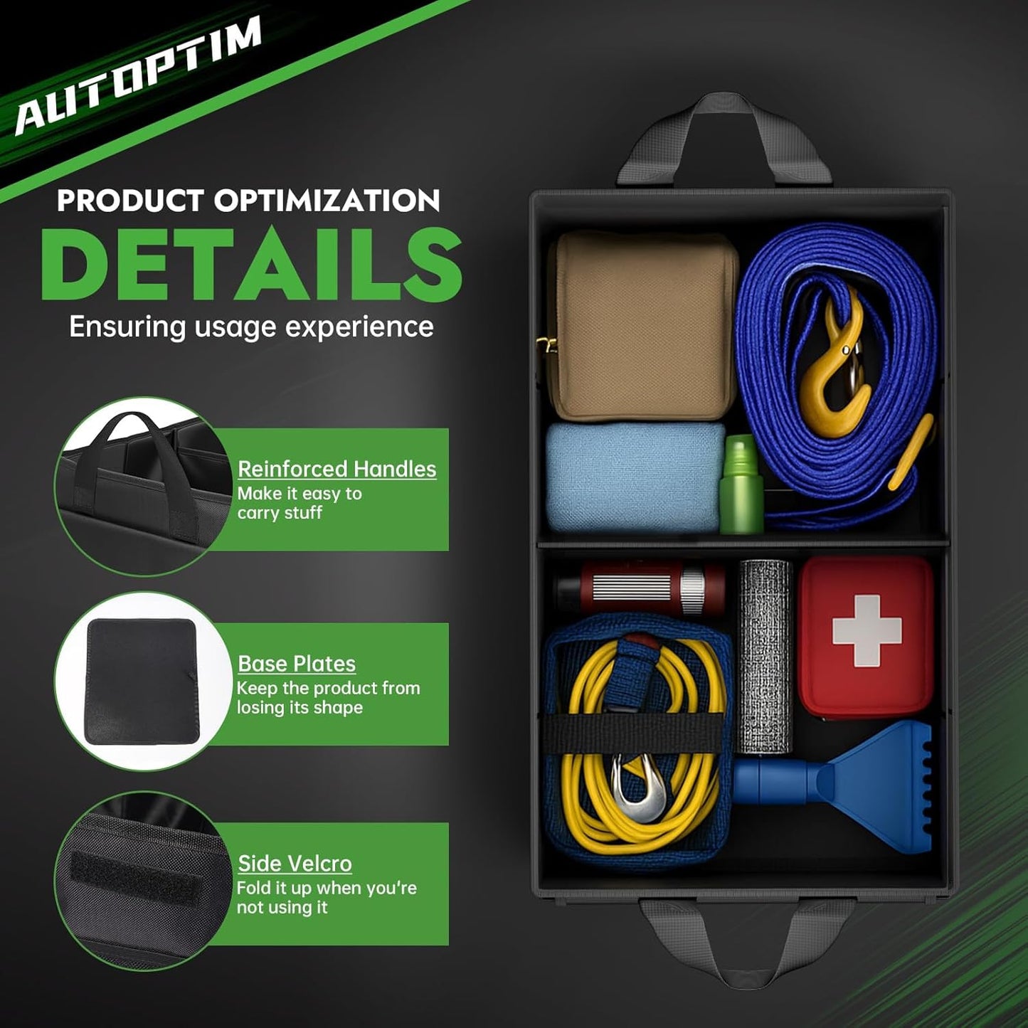 AUTOPTIM Car Trunk Organizer - Collapsible Car Organizer with Non Slip Bottom & Multiple Pockets for Groceries, Trunk Storage with Base Panel for SUV Sedan Van, 2 Compartments (Black, Medium)
