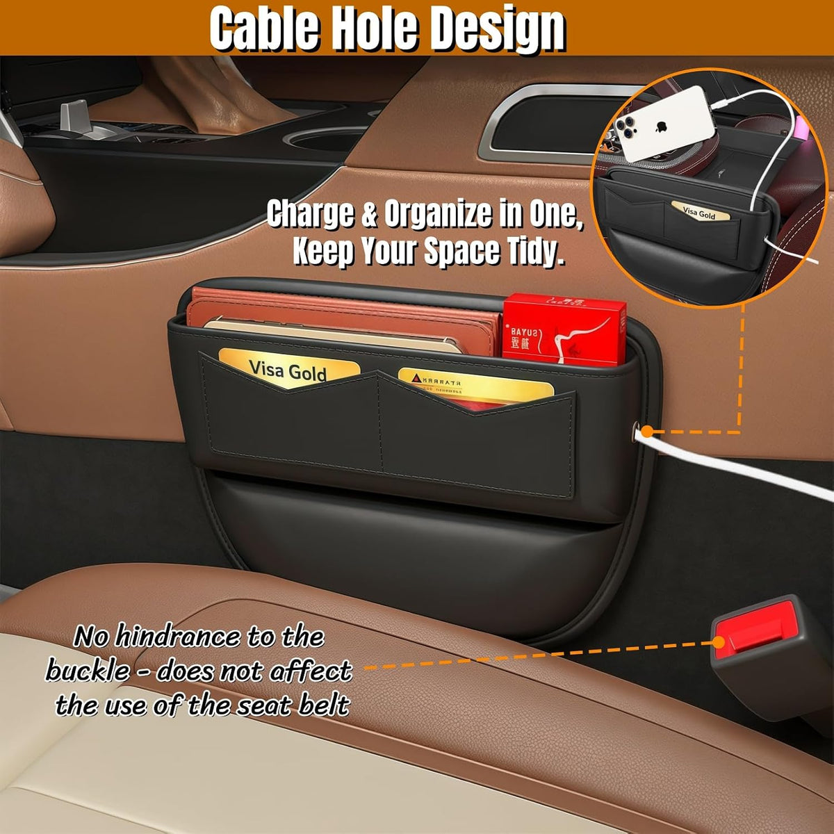 BLIRITEL Car Seat Gap Filler Organizer with Charging Hole, PU Leather Car Seat Gap Plug with Storage Slot, Car Console Side Organizer for Phone, Keys & Cards (Black)