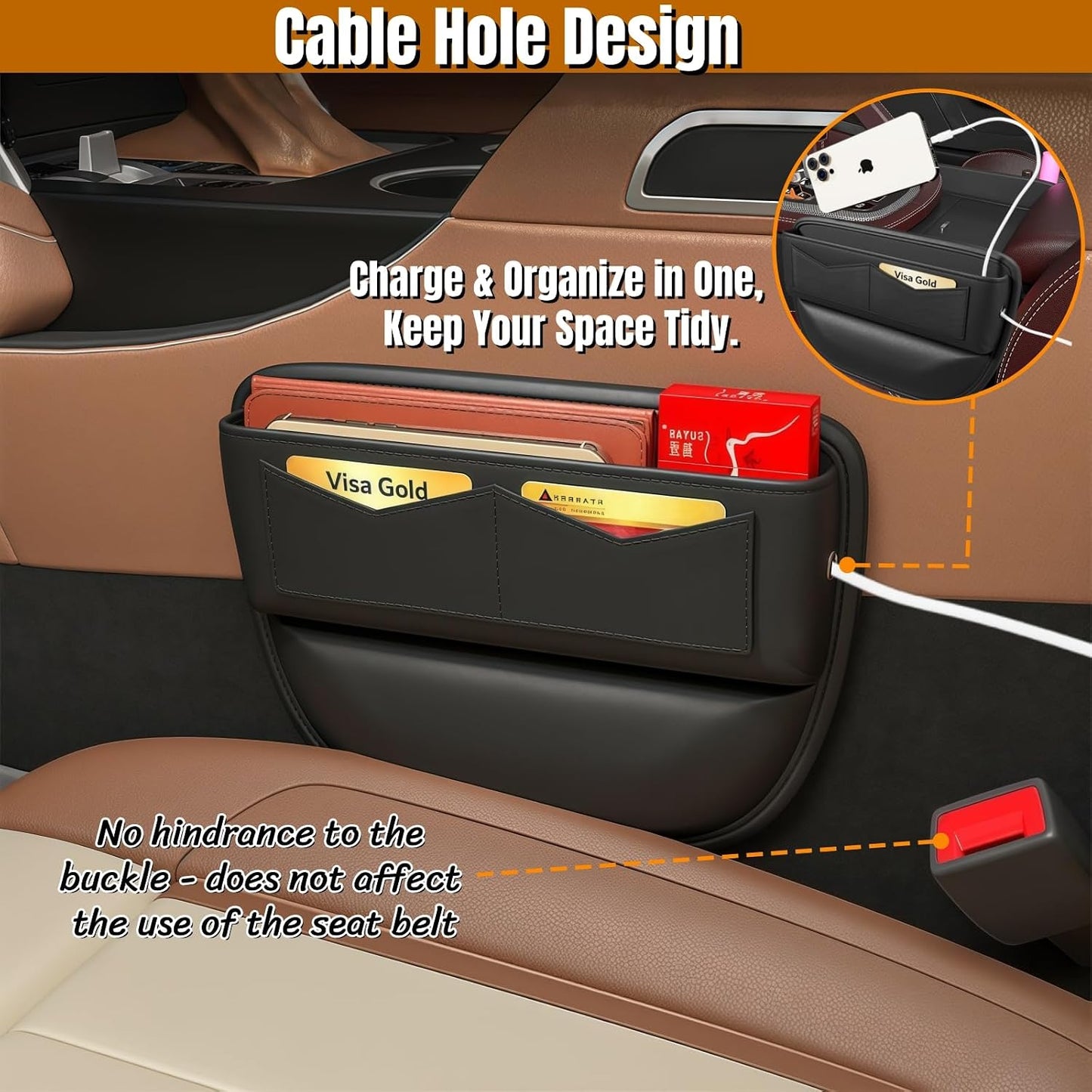 BLIRITEL Car Seat Gap Filler Organizer with Charging Hole, PU Leather Car Seat Gap Plug with Storage Slot, Car Console Side Organizer for Phone, Keys & Cards (Black-2 Pack)