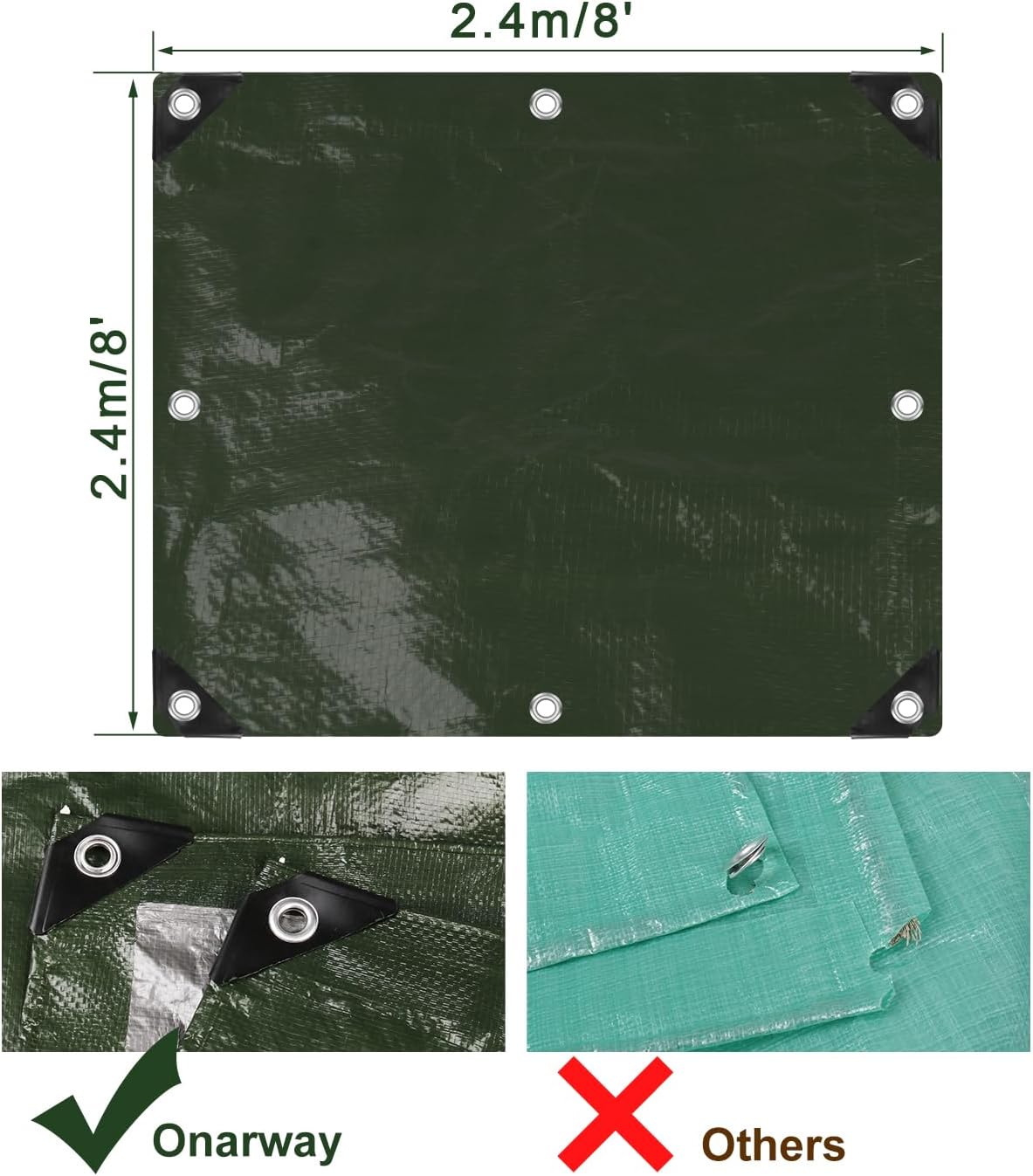 Onarway Poly Tarps Waterproof for Outdoor: Green Tarpaulin 6Mil Thicken 8x8 Ft 2Packs- Anti-UV Waterproof Tarp Cover with Grommets Multipurpose for Boat Pool Roof Camping