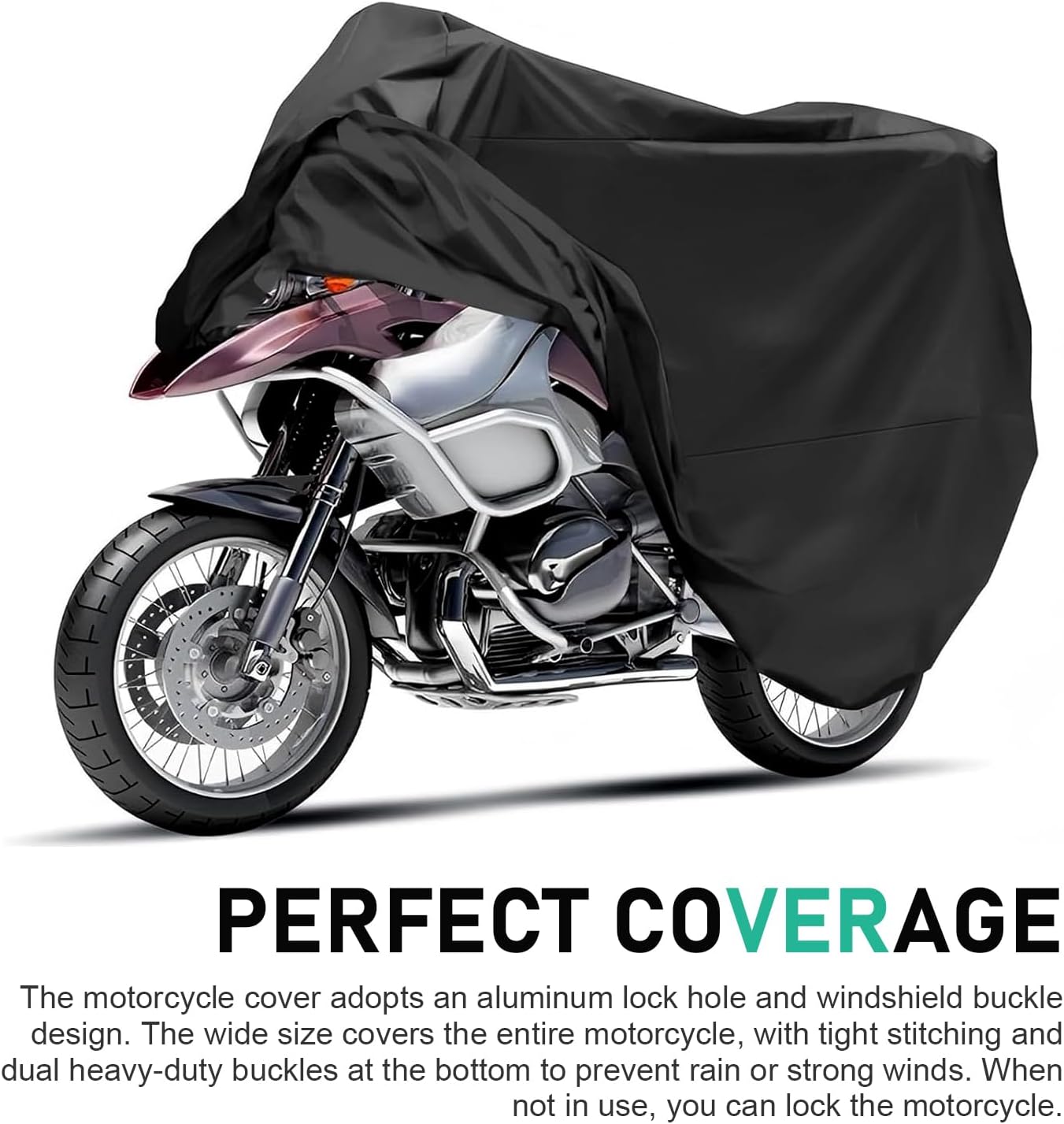 Motorcycle Covers, Waterproof Sunproof Dustproof Outdoors Motorbike Cover with Lock-Holes, All Weather Protection Vehicle Accessories, Fits Up to 104" Motorcycles, Electric Vehicle (Black)