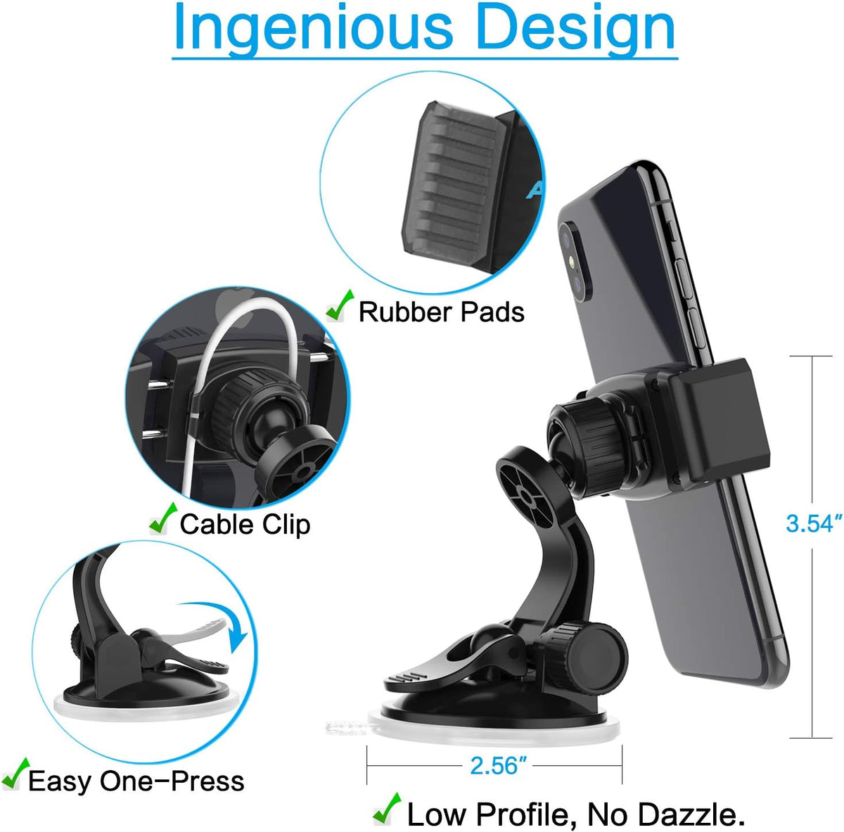 APPS2Car Suction Cup Phone Holder for Car with Adjustable Arm, Low Profile Dashboard Phone Mount Compact Windshield Window Dash Mobile Stand Compatible w/All iPhone and Android Cell Phones