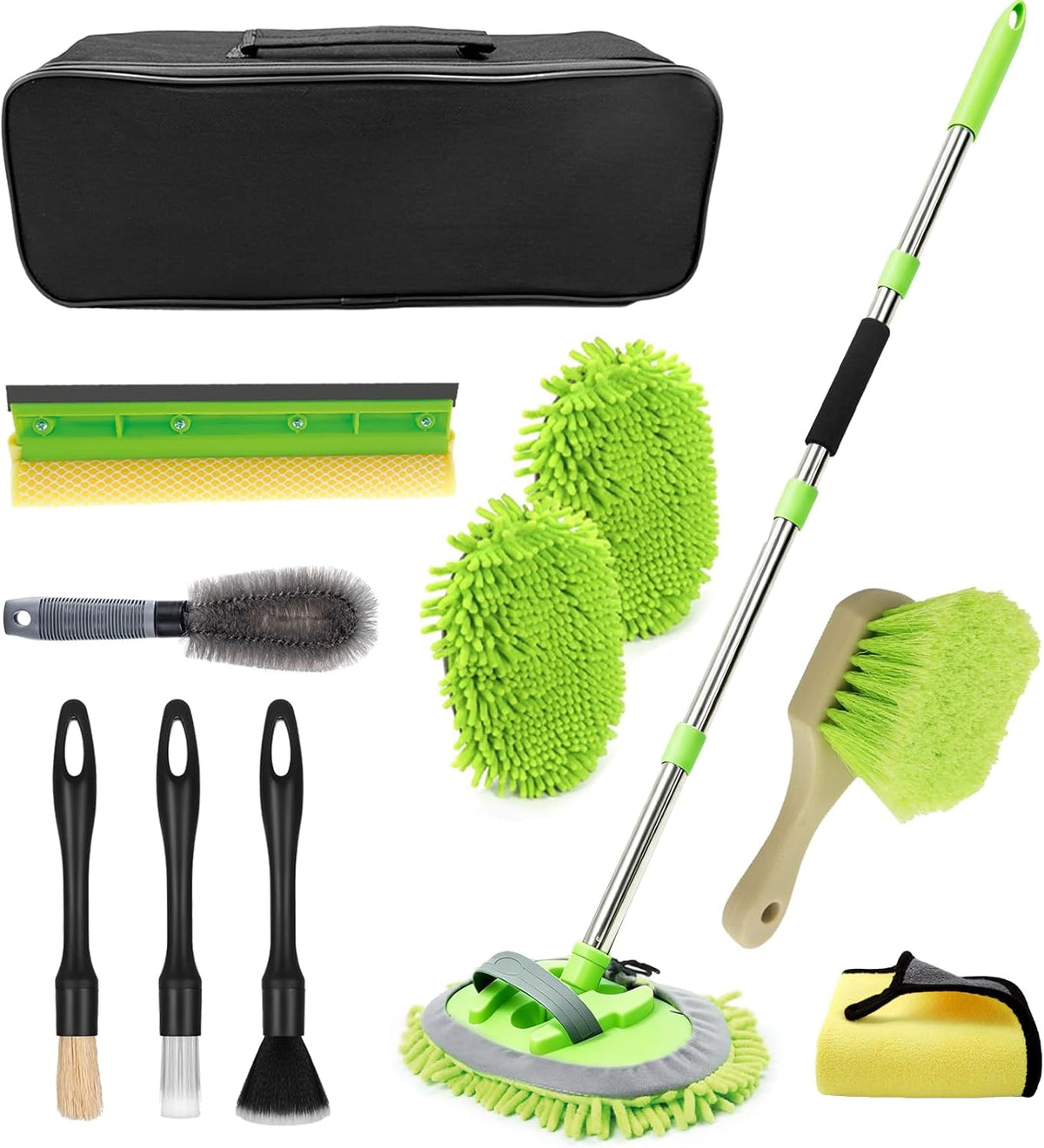 62" Car Wash Brush with Long Handle Chenille Microfiber Car Wash Mop Mitt, Wheel Brush, Windshield Window Squeegee, Car Duster Microfiber Towel, Gloves, for Cleaning Cars, RV, Truck, Boat