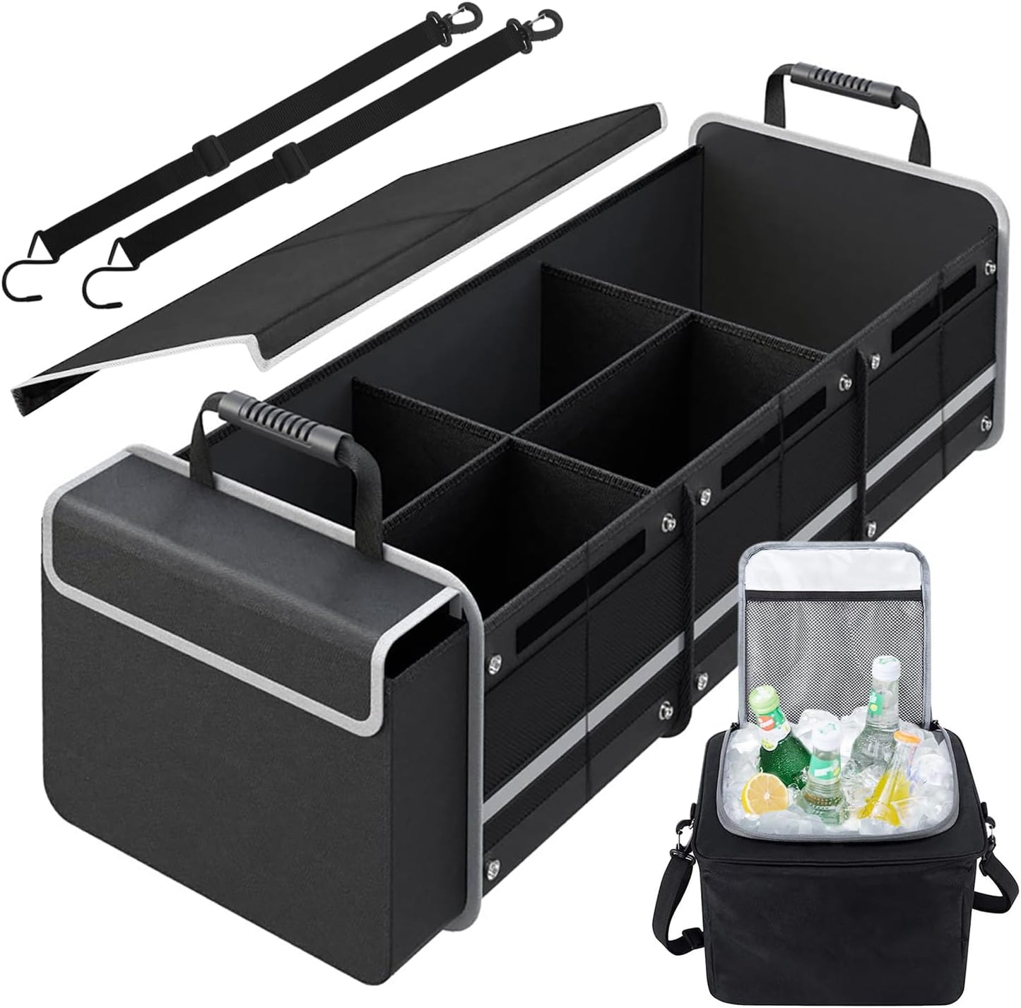 Snuopfy Car Trunk Organizer,115L Heavy Duty Collapsible Trunk Storage, with Insulated Leakproof Cooler Bag Vehicle Cargo Organizer with Lid, 3 Compartments, Straps For Car,Suv,Jeep,Sedan-Green
