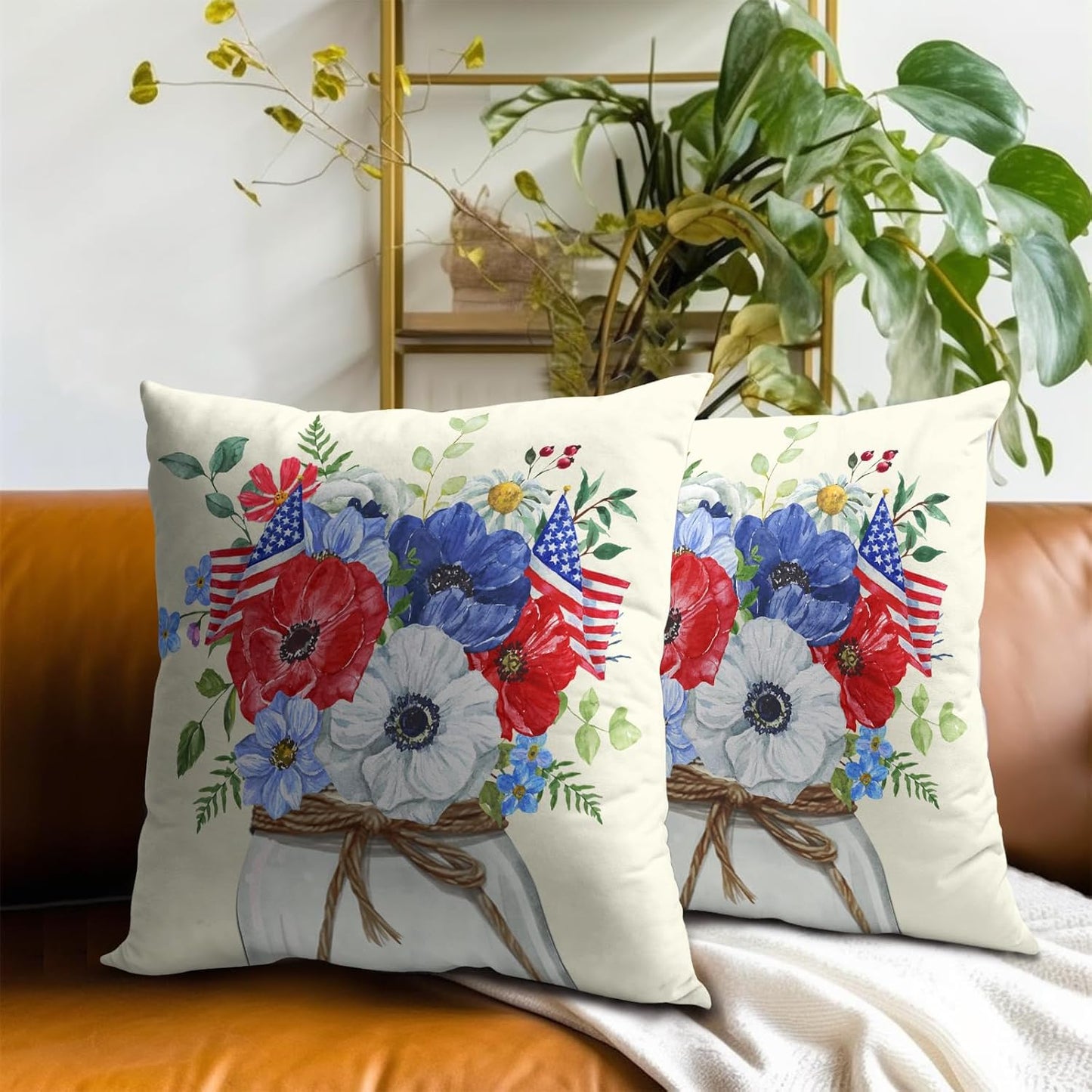 4th of July Pillow Covers 18X18 in Set of 2 American Flag Flowers Floral Patriotic Decorative Cotton Line Pillowcases for Sofa Couch Independence Day Memorial Day Home Decor