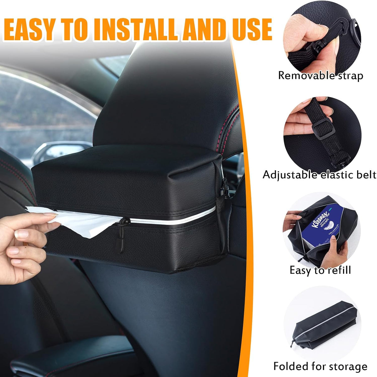 Car Tissue Holder for 120-160-230 Count Kleenex Facial Tissues Box - Waterproof Zipper Cover, Soft Black Leather with Adjustable Strap, Ideal for Car Seat Headrest, Console, Boat, Home (Uplien)