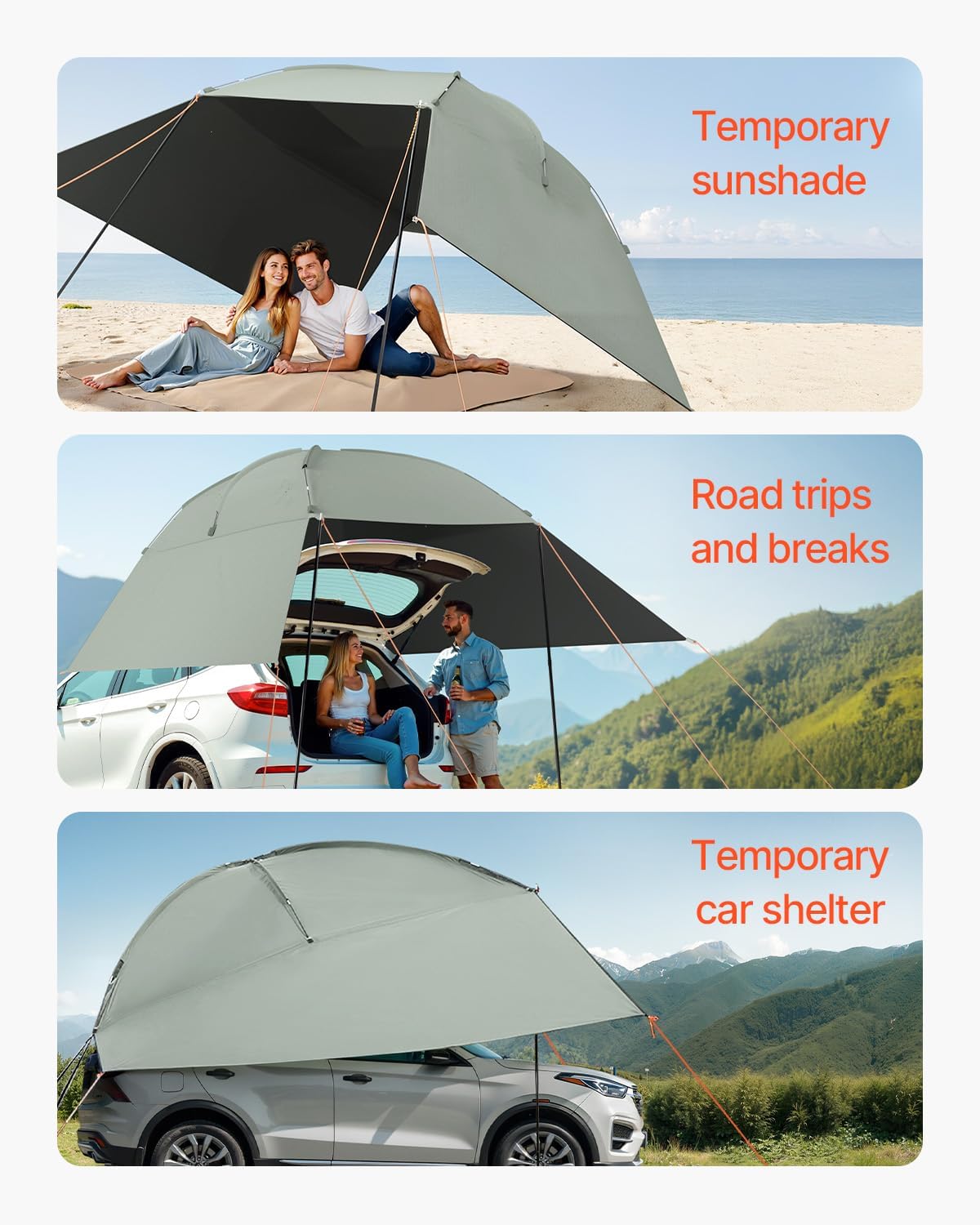 VEVOR Versatility Camping Tent, Auto Canopy Sun Shade UV50+ PU3000mm, Car Tailgate Sun Shelter for Truck Bed, SUV, RV, Van, Trailer and Overlanding, Portable Teardrop Awning Canopy Tear Resistant Tarp