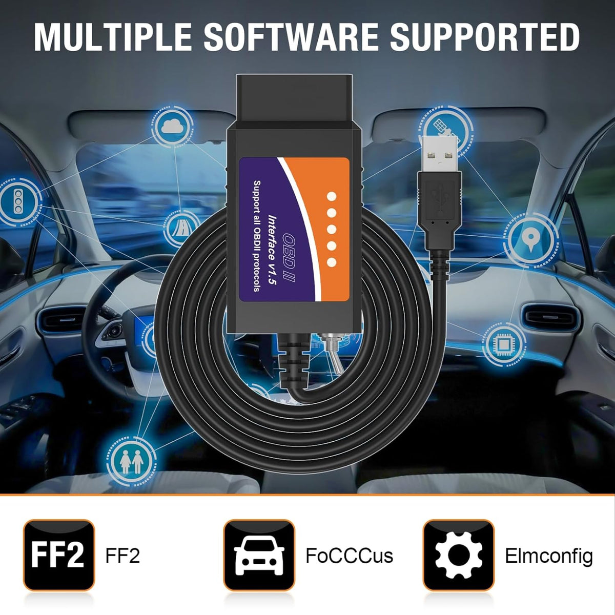 ELM327 OBD2 USB Adapter for Windows, ELMconfig Scanner with MS CAN/HS CAN Switch for Scan F150 F250 Car and Light Truck Check Engine Light, Diagnosis on Windows with V1.5 Chip