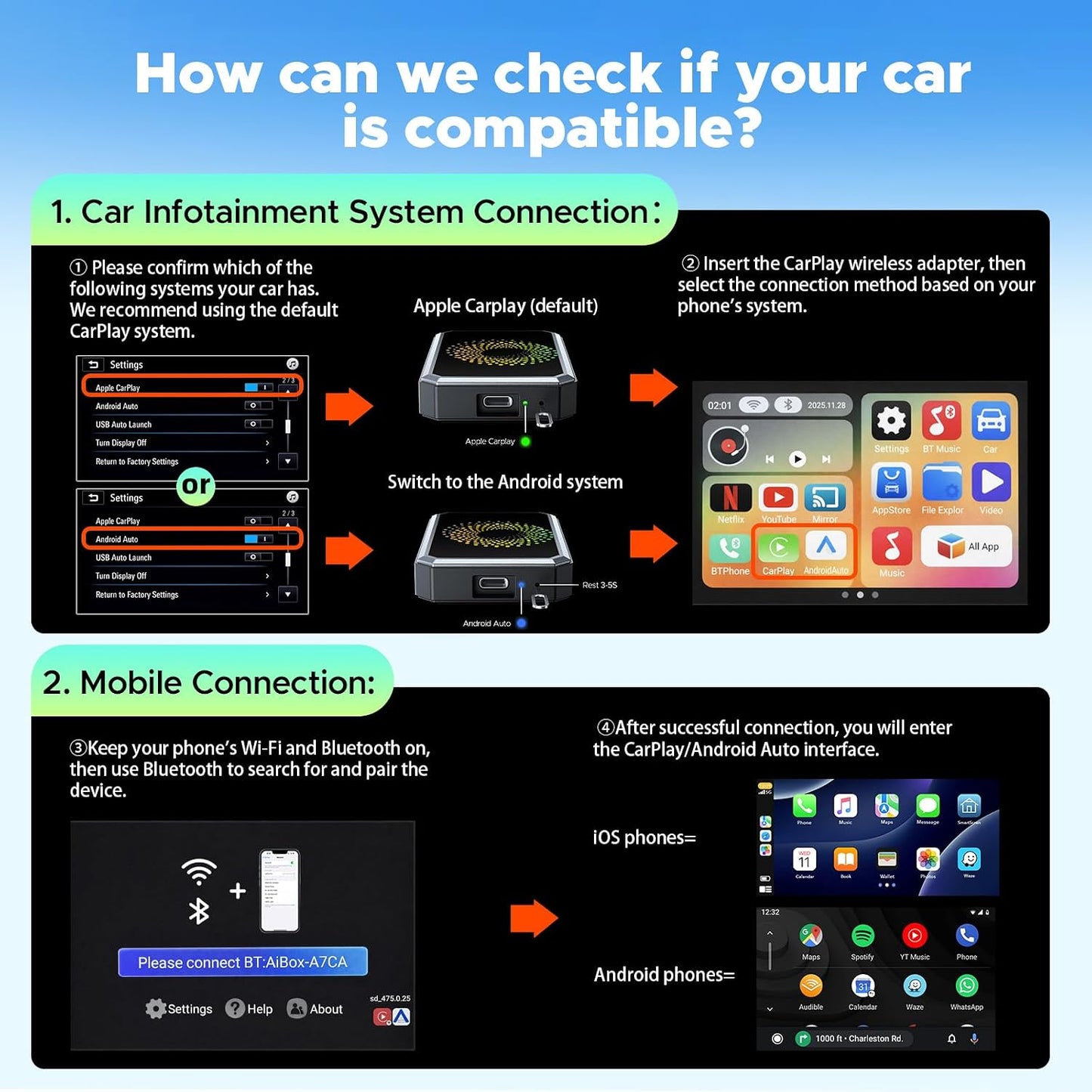 LAMTTO 3-in-1 Wireless Carplay Android Auto Adapter Built-in Net-Flix YouTube Tiktok Apps Magic Box Video Player with 5.8GHz WiFi USB Drive Convert Wired to Wireless for OEM CarPlay Cars (2016-2024)