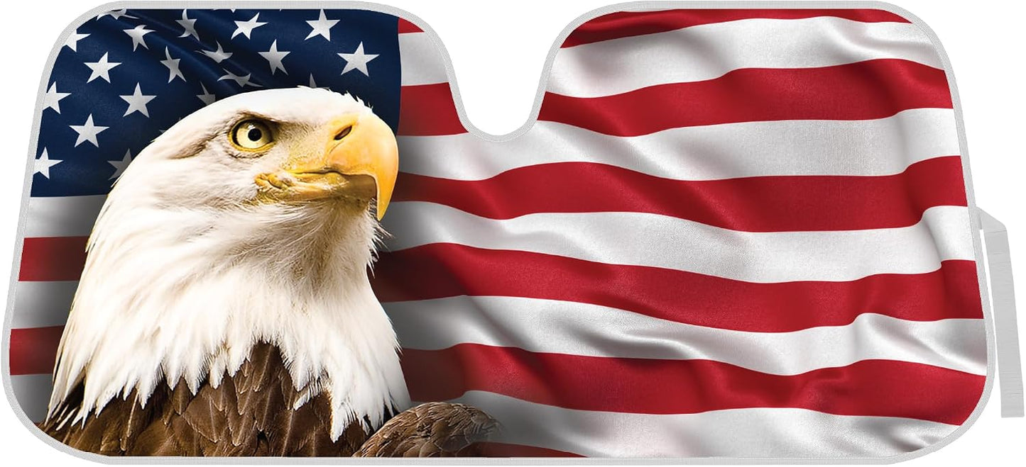 BDK USA Patriotic American Flag Sun Visor for Car Windshield Cover - Bald Eagle Truck Window Shade 4th of July Car Flag Sun Visor for Truck Windshield Sunshade - Accordion Windshield Sun Shade 58 x 28