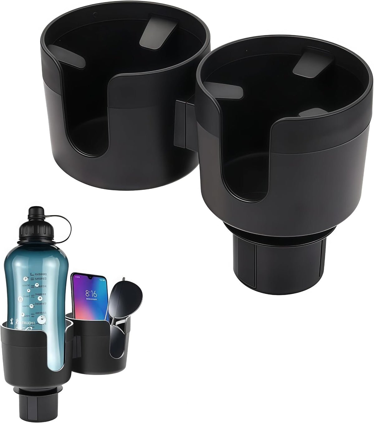 2 in 1 Cup Holder Expander, Dual Cup Holder Expander with Adjustable Base, Universal Multifunctional Cup Holder Insert for 10-46 OZ Bottles Cups Drinks Snack Organizer Holder (Black)