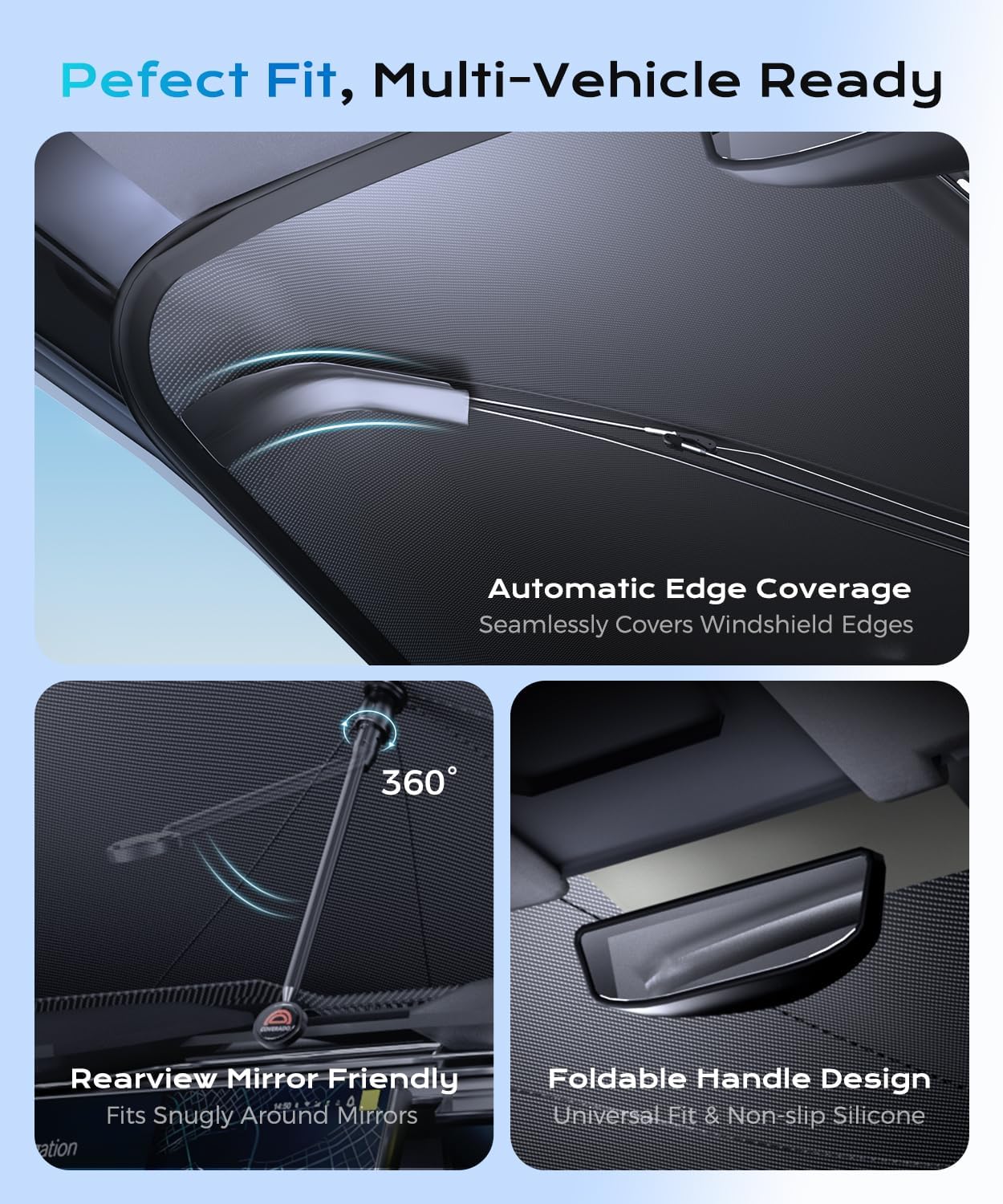 [2026 Upgrade] Coverado Windshield Sun Shade, UPF80+ Sunshade for Car Windshield Blocks Heat & UV Rays, Thickened Vinyl Coating Keep Cool Protect Interior, M 57”x32” for Sedans/SUVs